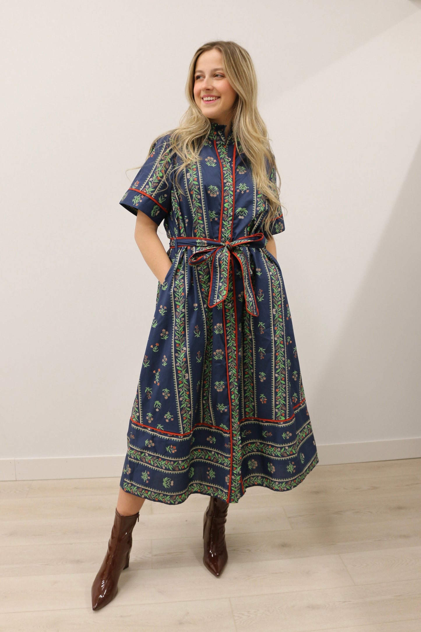 Fleur Floral Ruffle Collar Tie Waist Midi Dress - Navy Multi