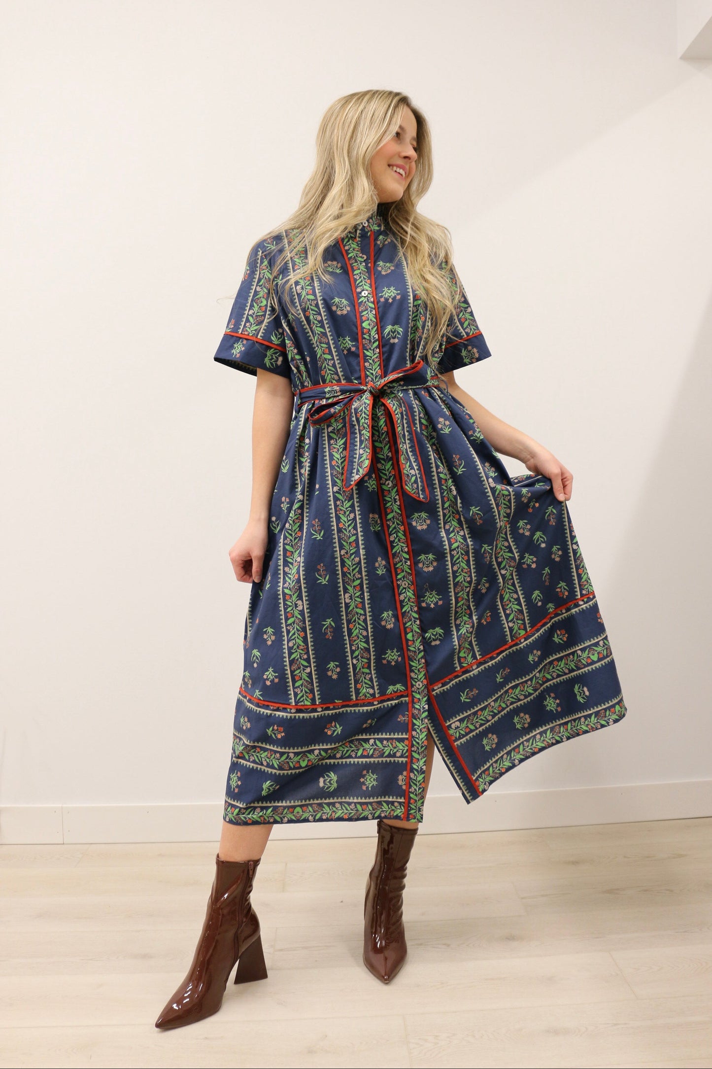 Fleur Floral Ruffle Collar Tie Waist Midi Dress - Navy Multi