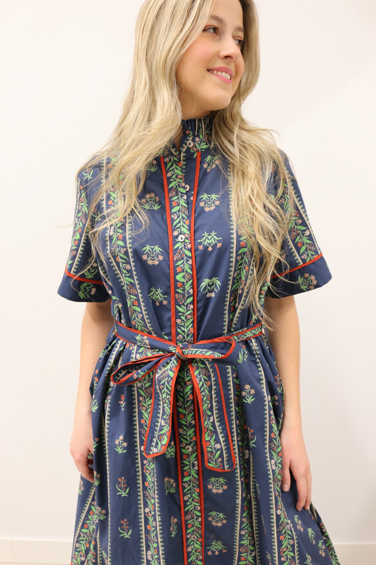 Fleur Floral Ruffle Collar Tie Waist Midi Dress - Navy Multi