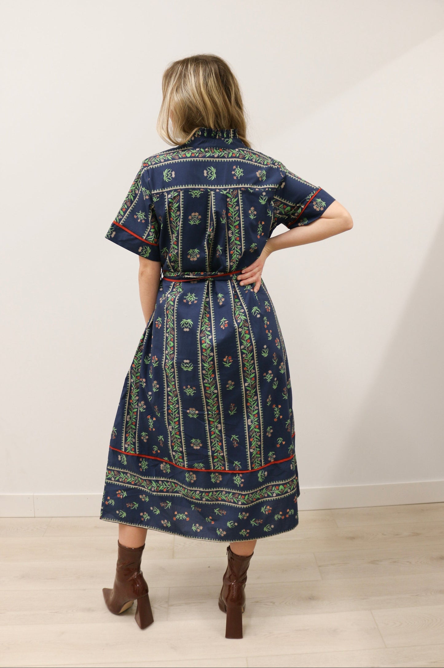 Fleur Floral Ruffle Collar Tie Waist Midi Dress - Navy Multi