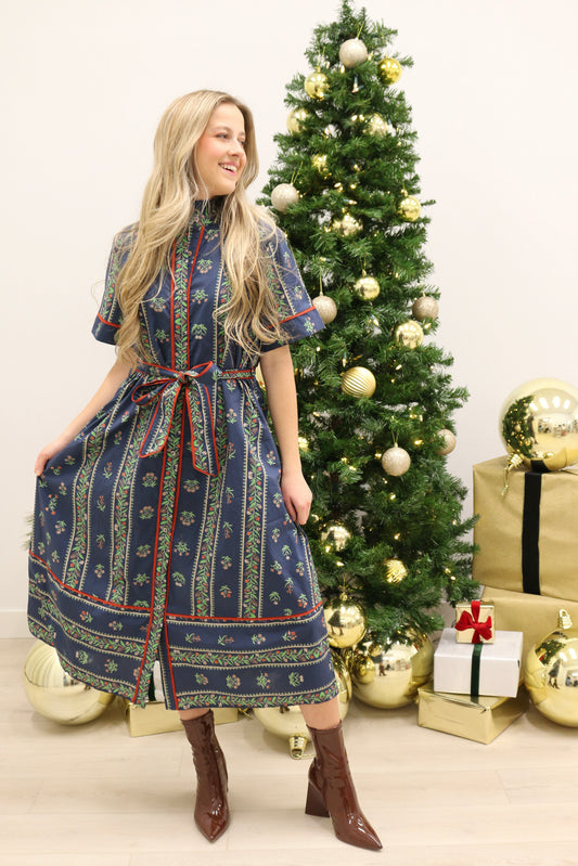 Fleur Floral Ruffle Collar Tie Waist Midi Dress - Navy Multi