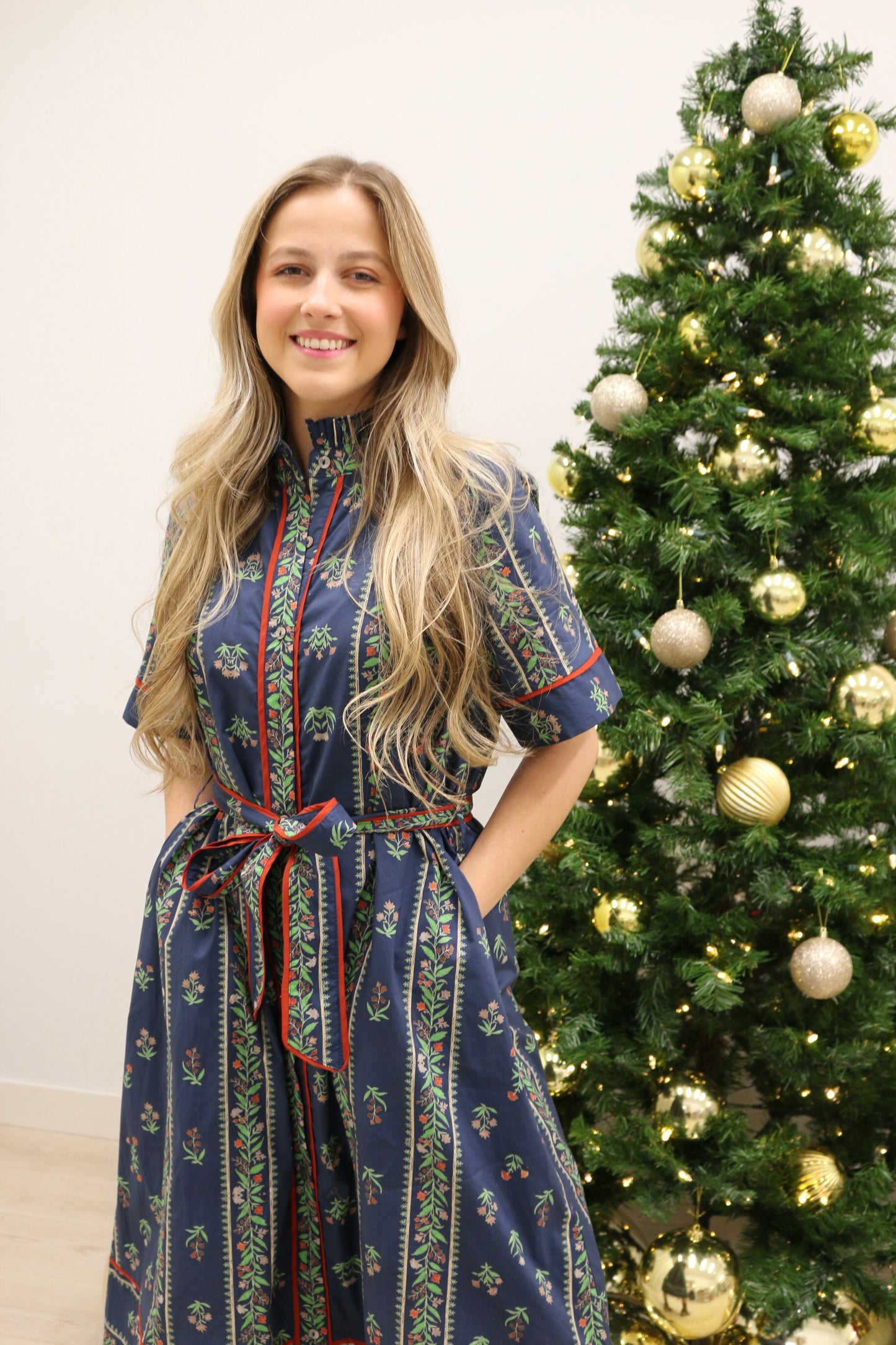 Fleur Floral Ruffle Collar Tie Waist Midi Dress - Navy Multi