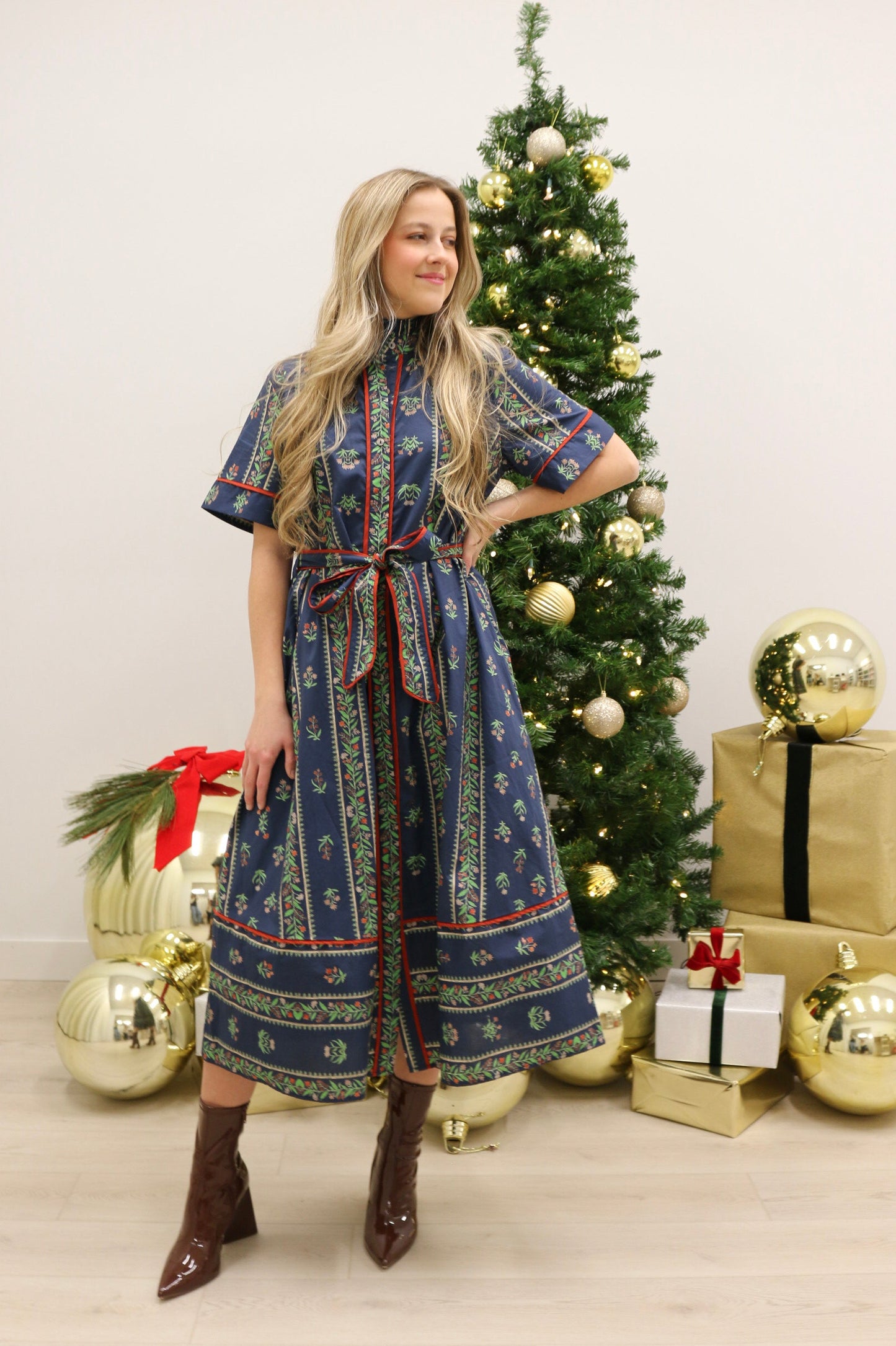 Fleur Floral Ruffle Collar Tie Waist Midi Dress - Navy Multi