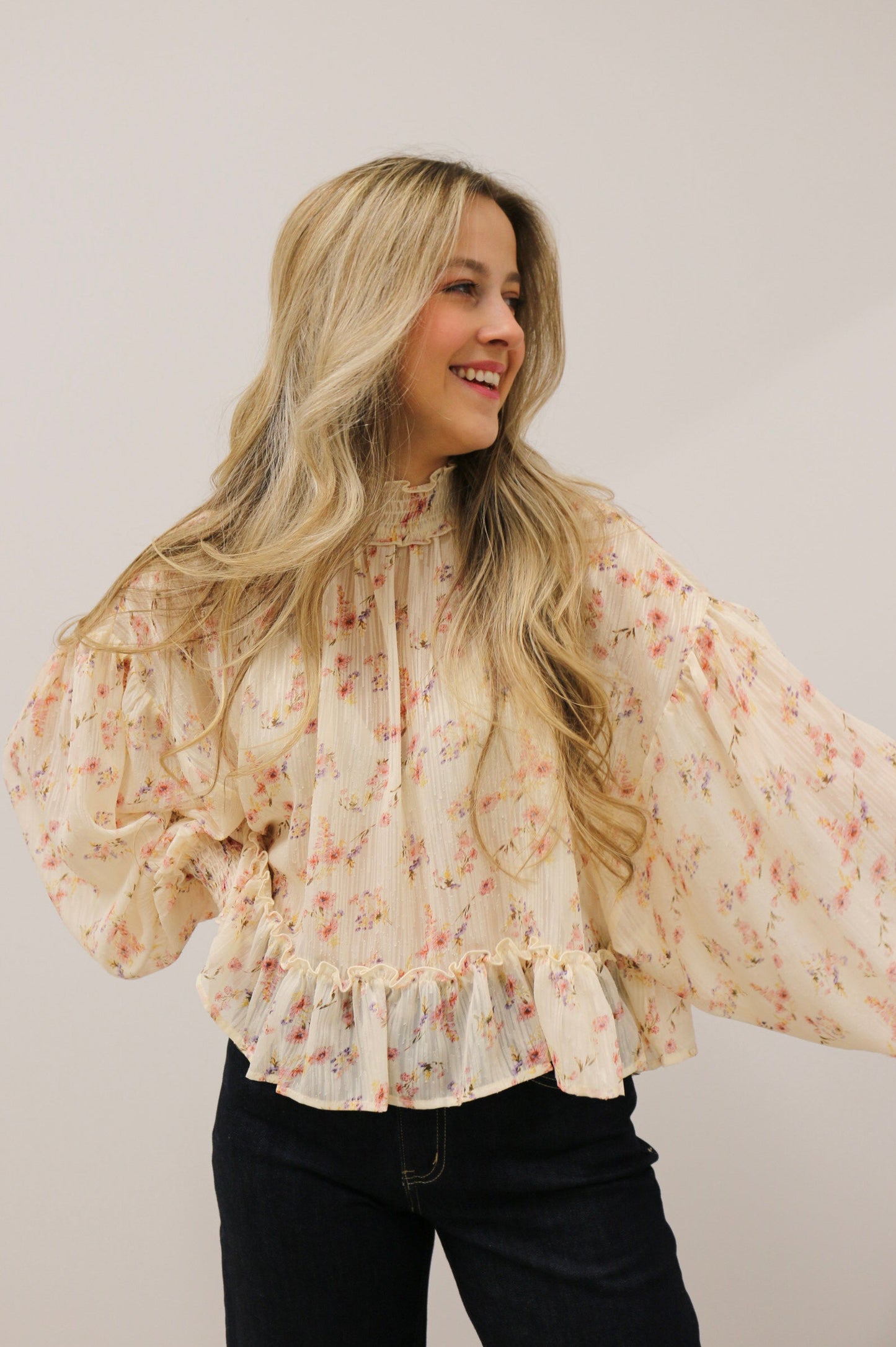 Floral Fairytale Mock Neck Shear Woven Top - Cream Multi