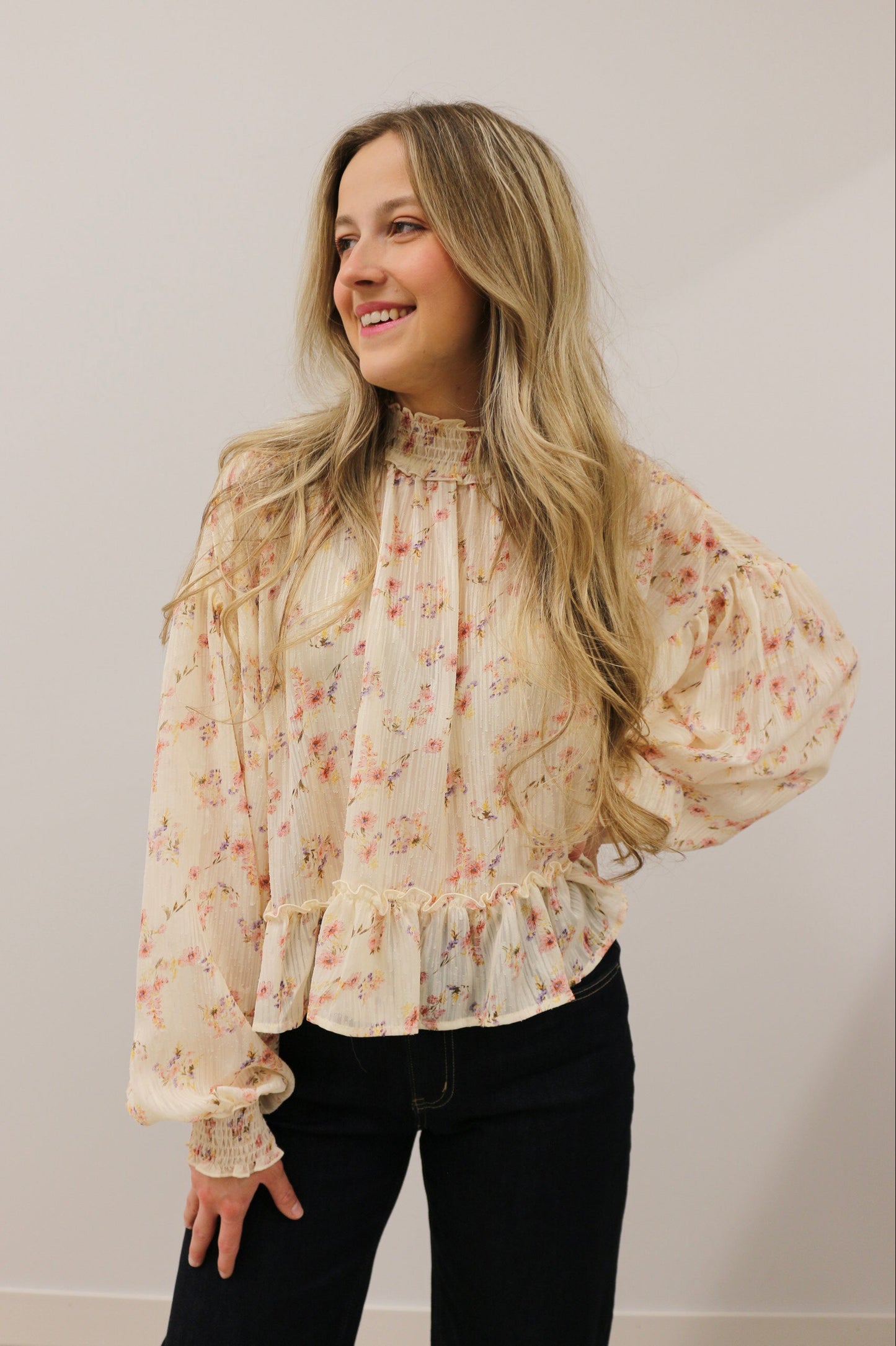Floral Fairytale Mock Neck Shear Woven Top - Cream Multi