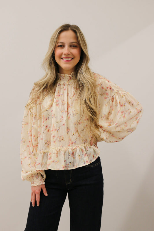 Floral Fairytale Mock Neck Shear Woven Top - Cream Multi