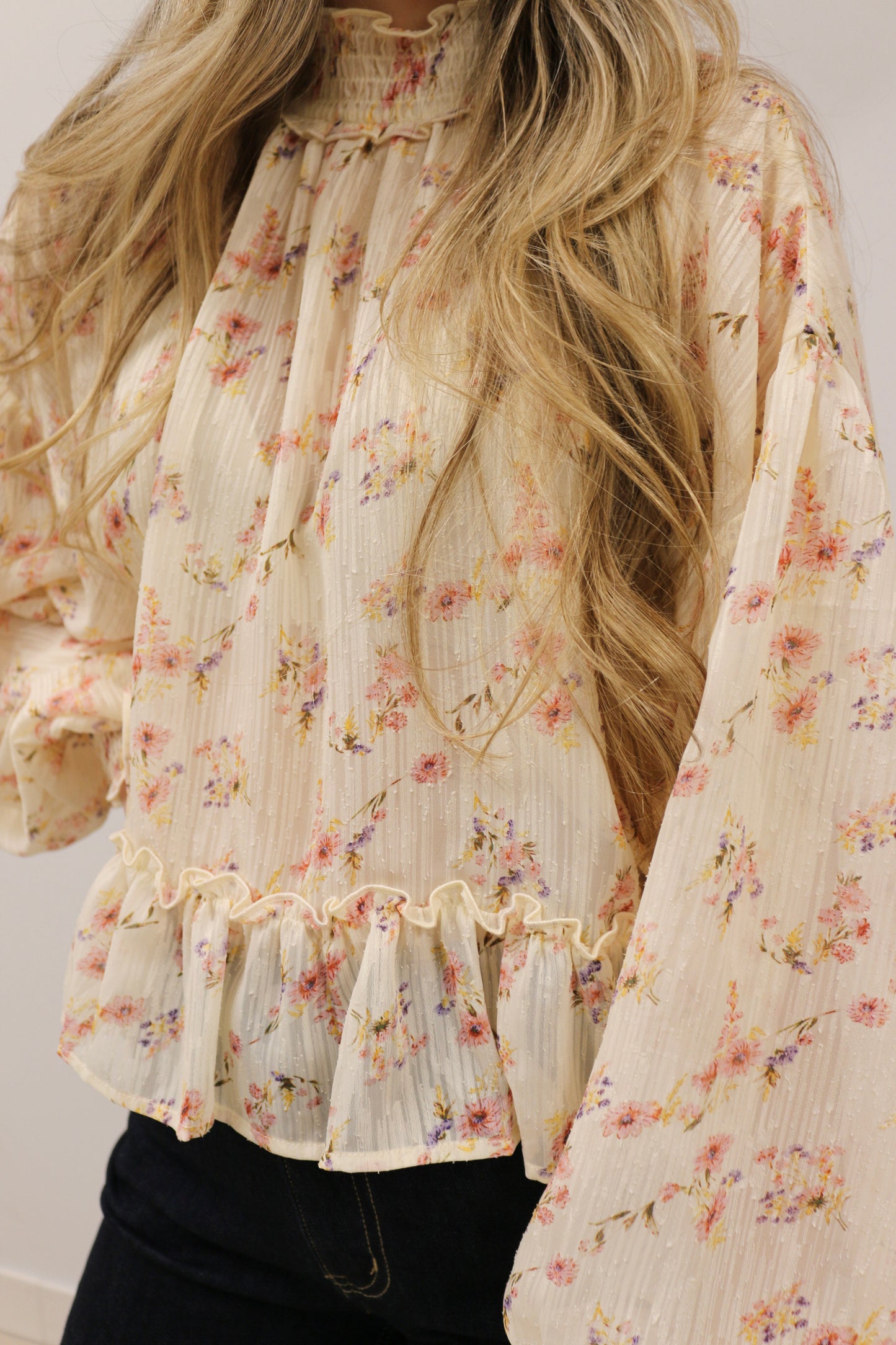 Floral Fairytale Mock Neck Shear Woven Top - Cream Multi