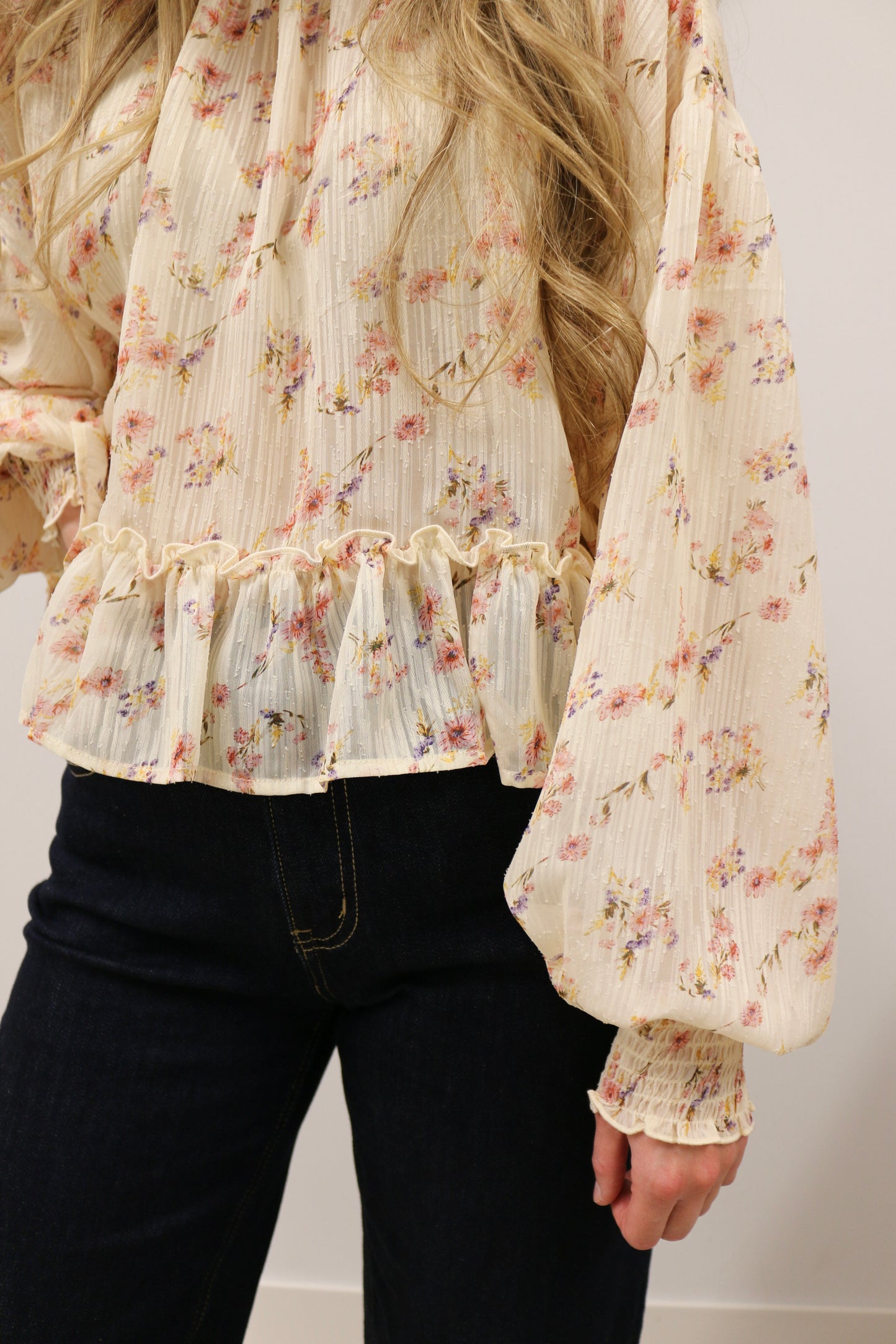 Floral Fairytale Mock Neck Shear Woven Top - Cream Multi