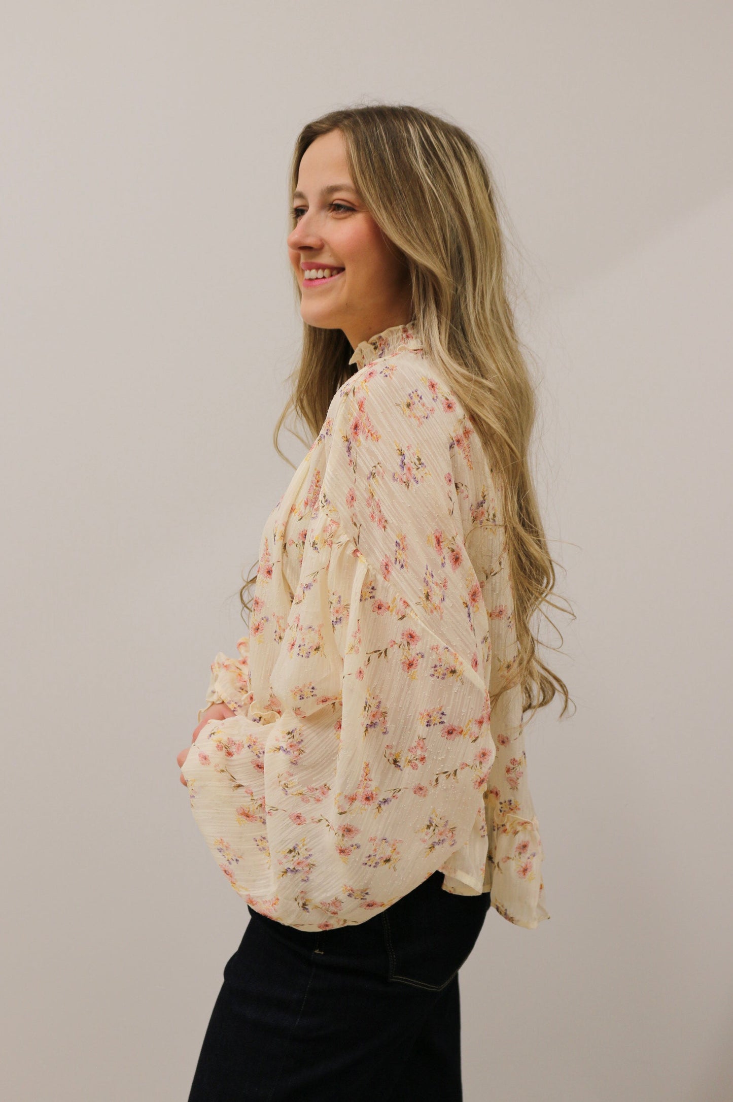 Floral Fairytale Mock Neck Shear Woven Top - Cream Multi