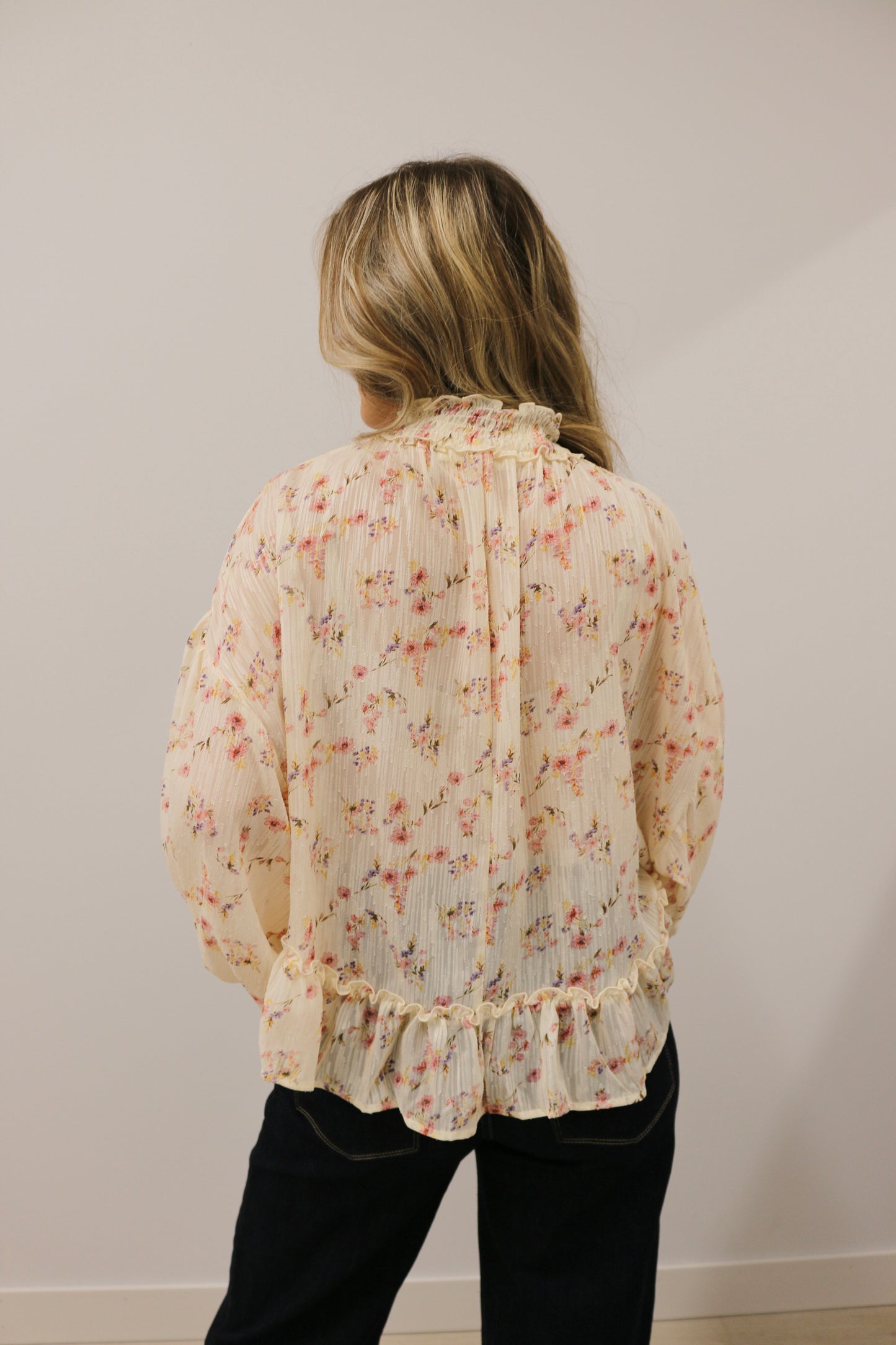 Floral Fairytale Mock Neck Shear Woven Top - Cream Multi