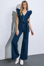 Load image into Gallery viewer, Gigi Ruffle Sleeve Front Zipper Denim Jumpsuit - Denim Blue
