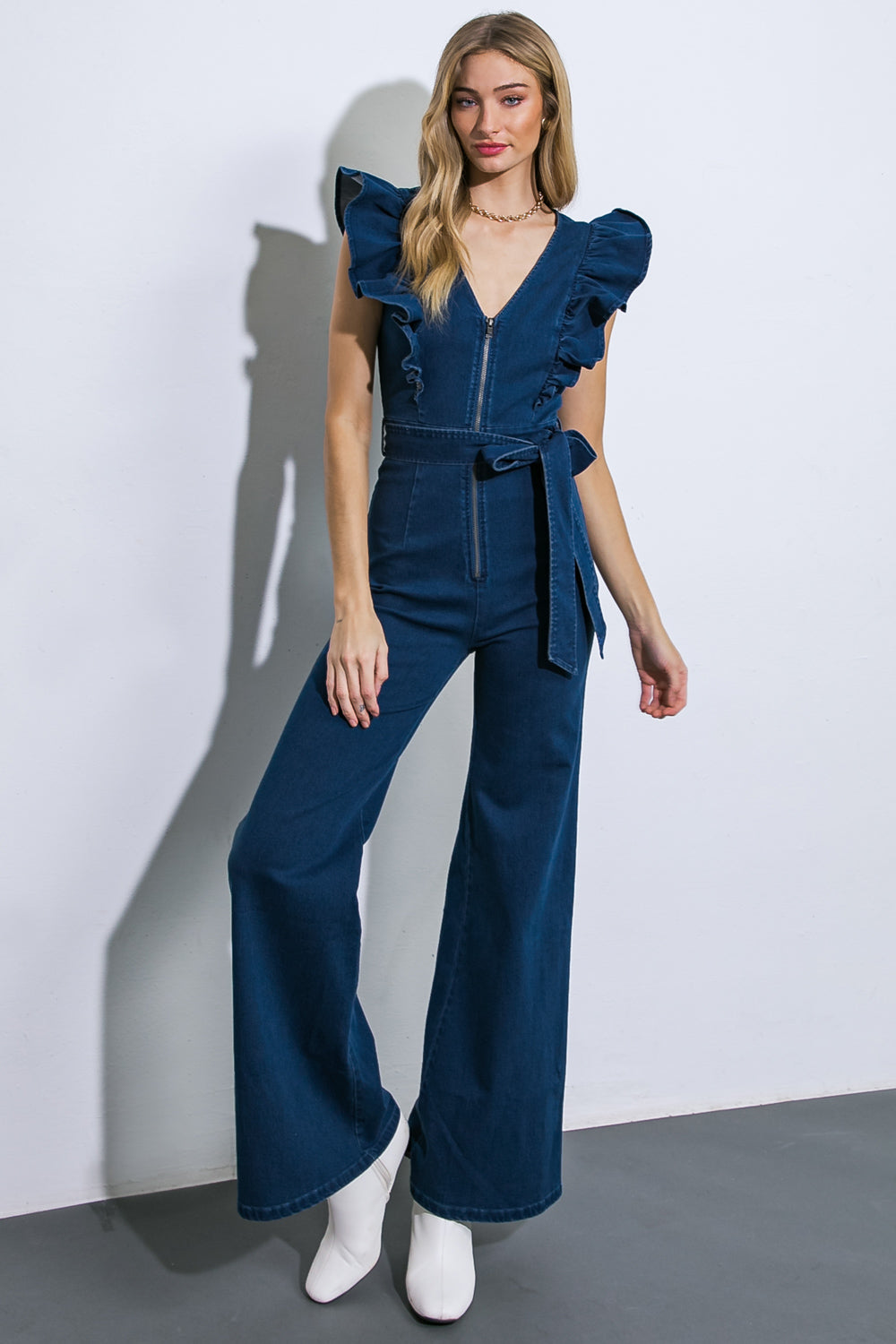 Gigi Ruffle Sleeve Front Zipper Denim Jumpsuit - Denim Blue