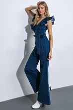 Load image into Gallery viewer, Gigi Ruffle Sleeve Front Zipper Denim Jumpsuit - Denim Blue
