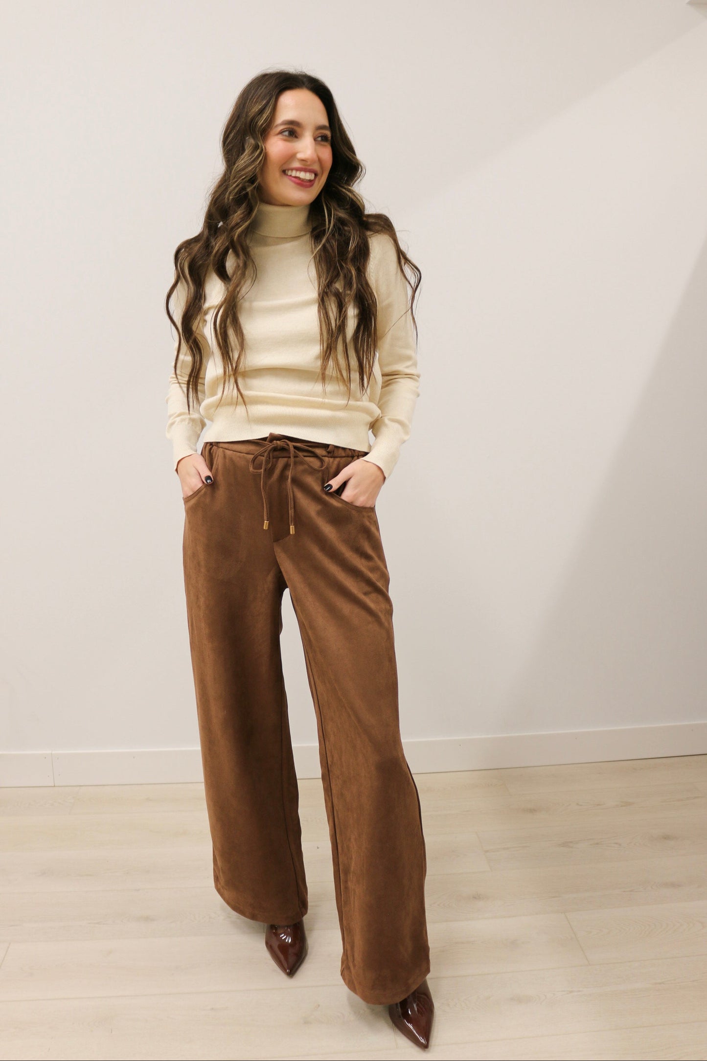 Nina Tie Front Wide Leg Suede High Waisted Pants - Brown
