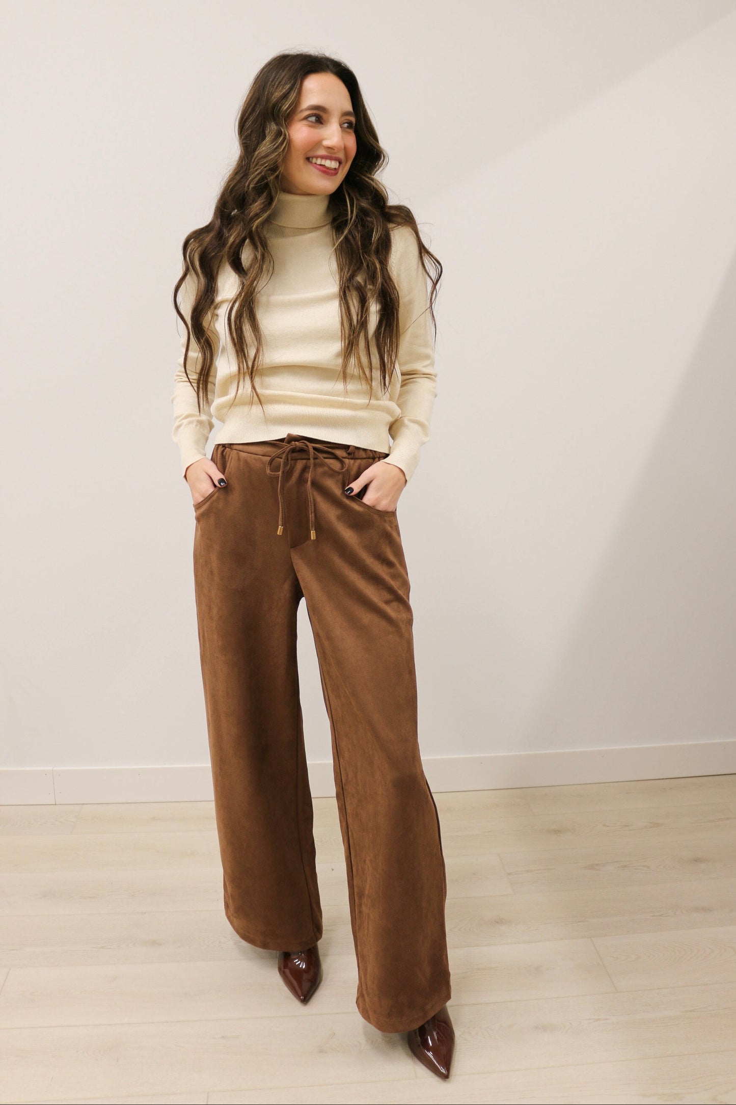 Nina Tie Front Wide Leg Suede High Waisted Pants - Brown