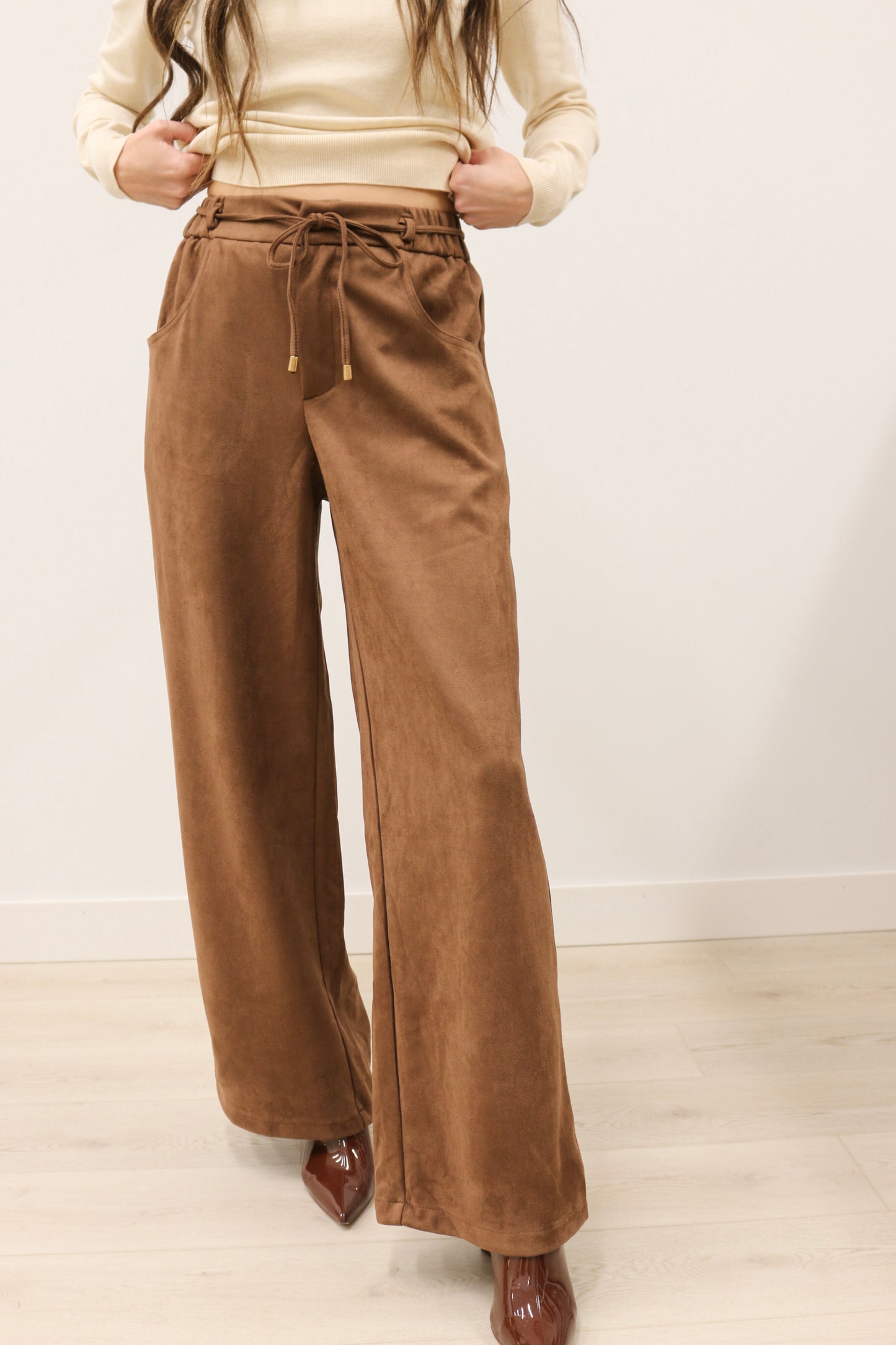 Nina Tie Front Wide Leg Suede High Waisted Pants - Brown