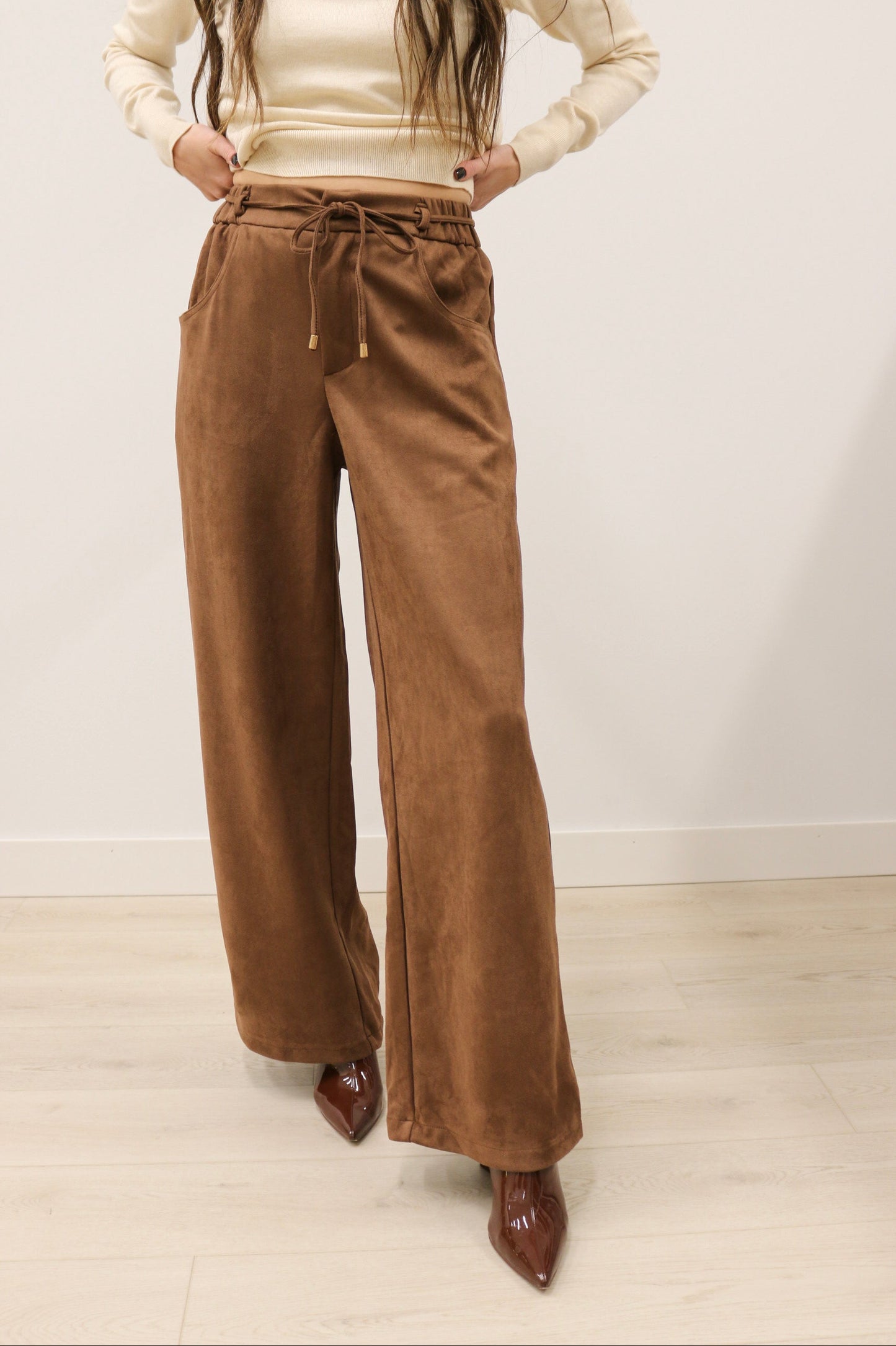 Nina Tie Front Wide Leg Suede High Waisted Pants - Brown