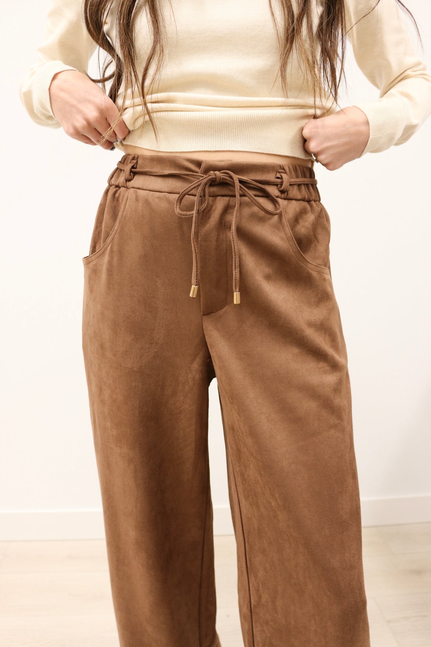 Nina Tie Front Wide Leg Suede High Waisted Pants - Brown