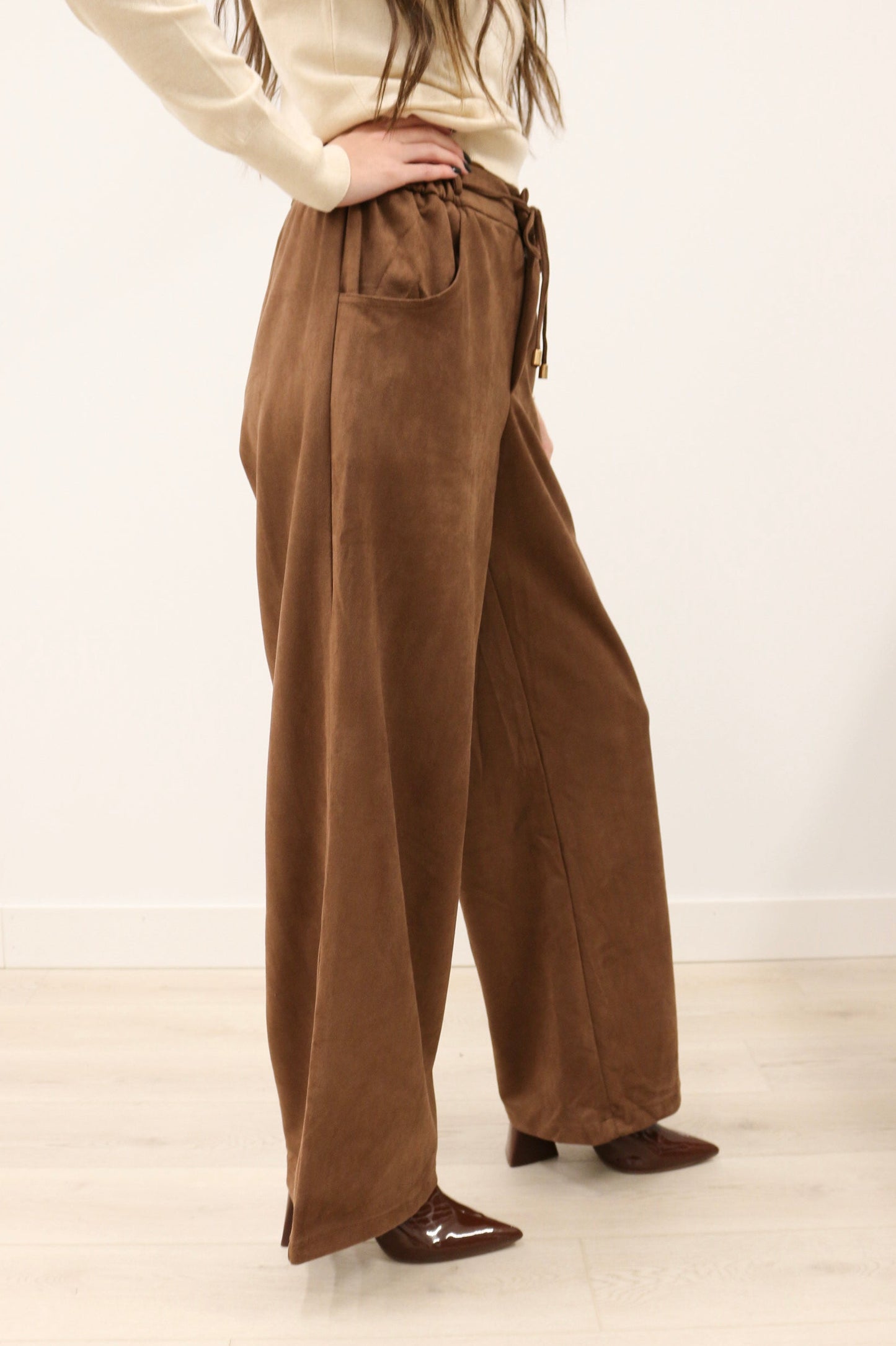 Nina Tie Front Wide Leg Suede High Waisted Pants - Brown
