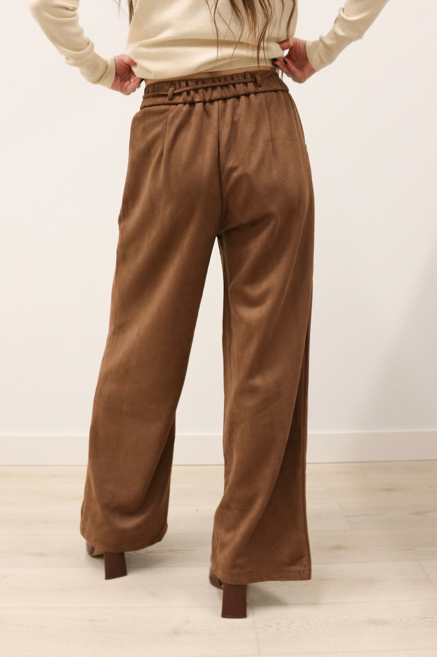 Nina Tie Front Wide Leg Suede High Waisted Pants - Brown