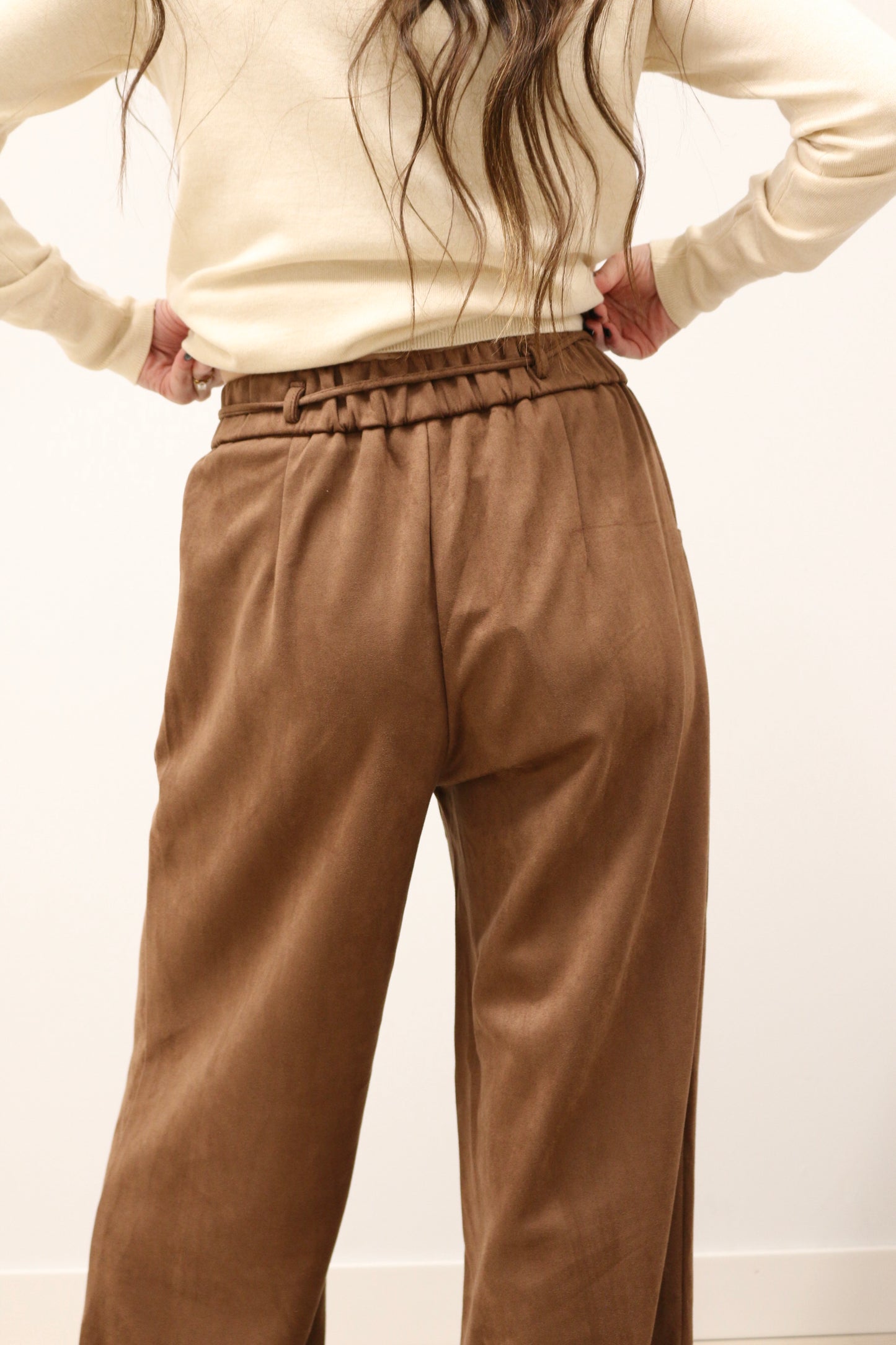Nina Tie Front Wide Leg Suede High Waisted Pants - Brown