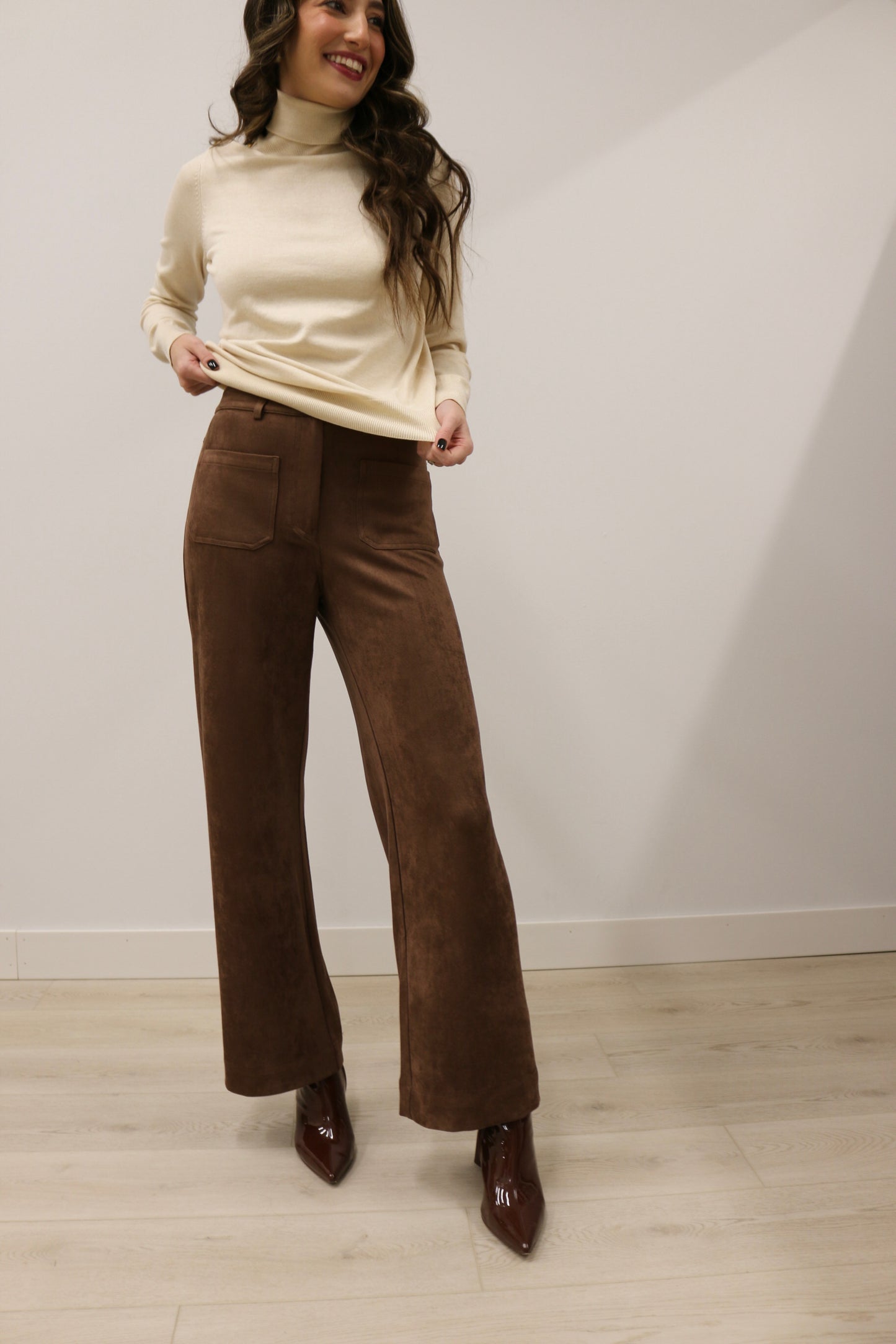 Lana Suede High Waisted Wide Leg Pants - Chocolate Brown