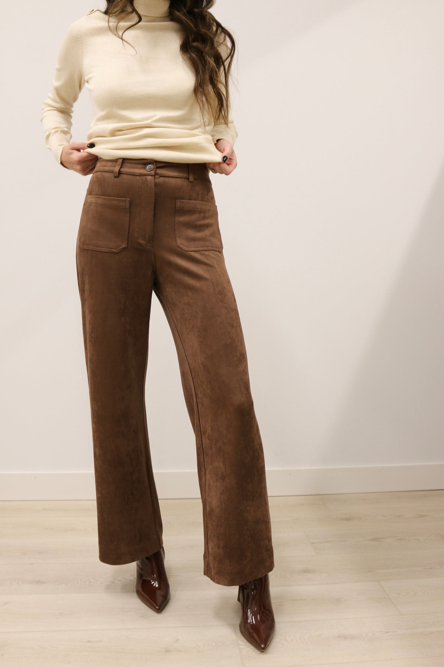 Lana Suede High Waisted Wide Leg Pants - Chocolate Brown
