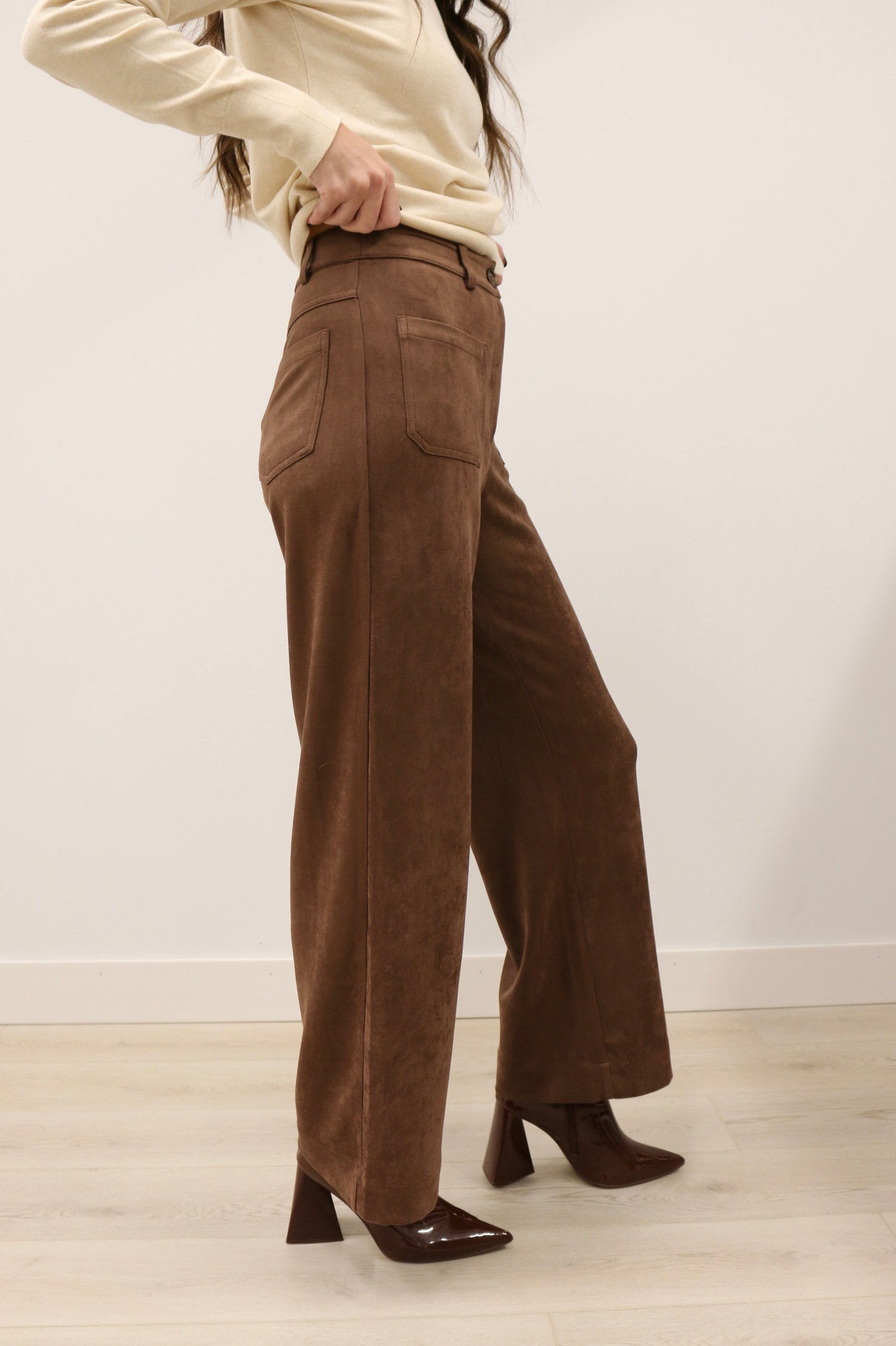 Lana Suede High Waisted Wide Leg Pants - Chocolate Brown