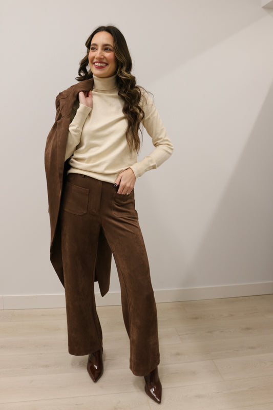 Lana Suede High Waisted Wide Leg Pants - Chocolate Brown