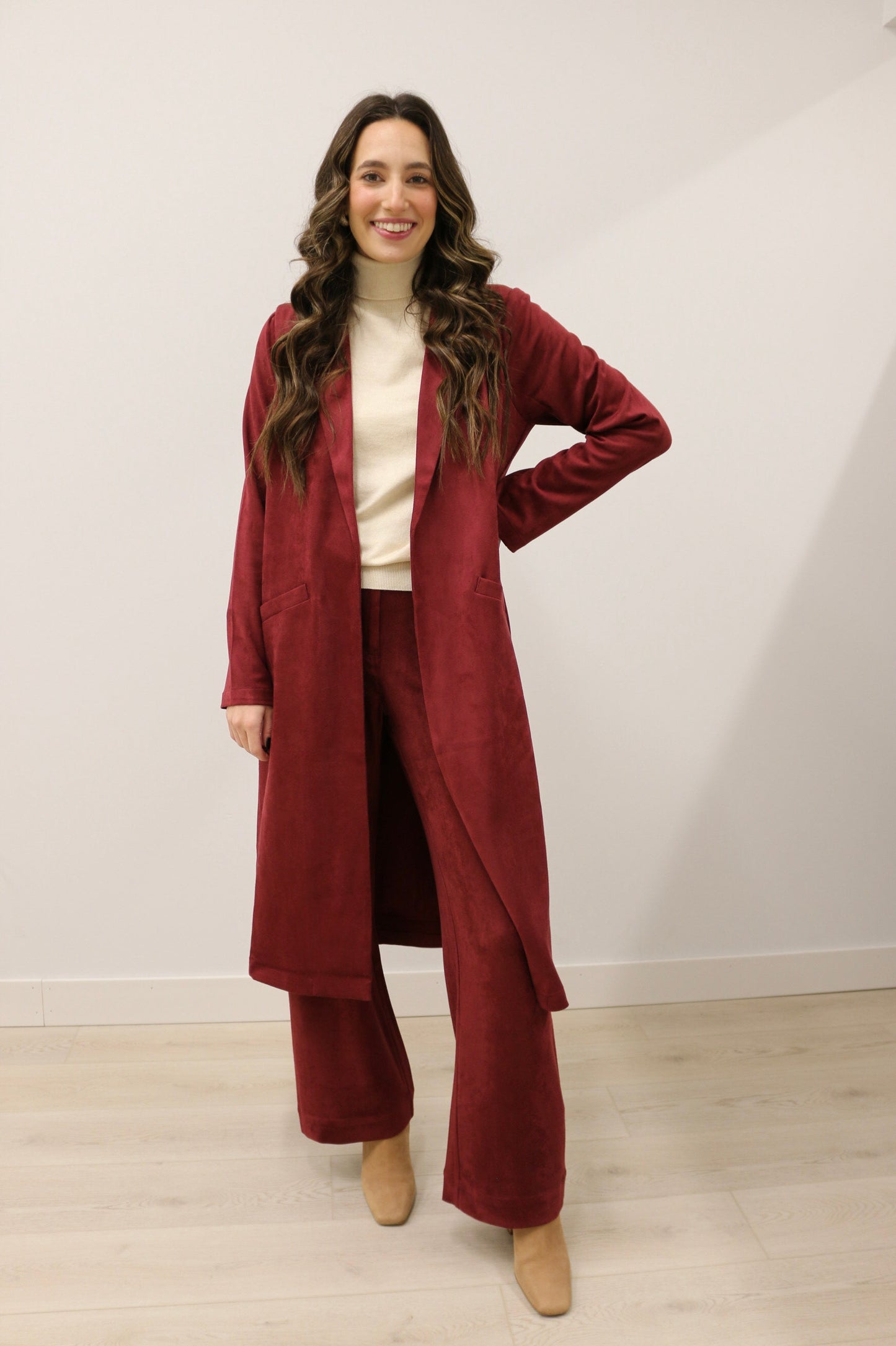Lana Faux Suede Long Sleeve Duster Trench Overcoat - Burgundy