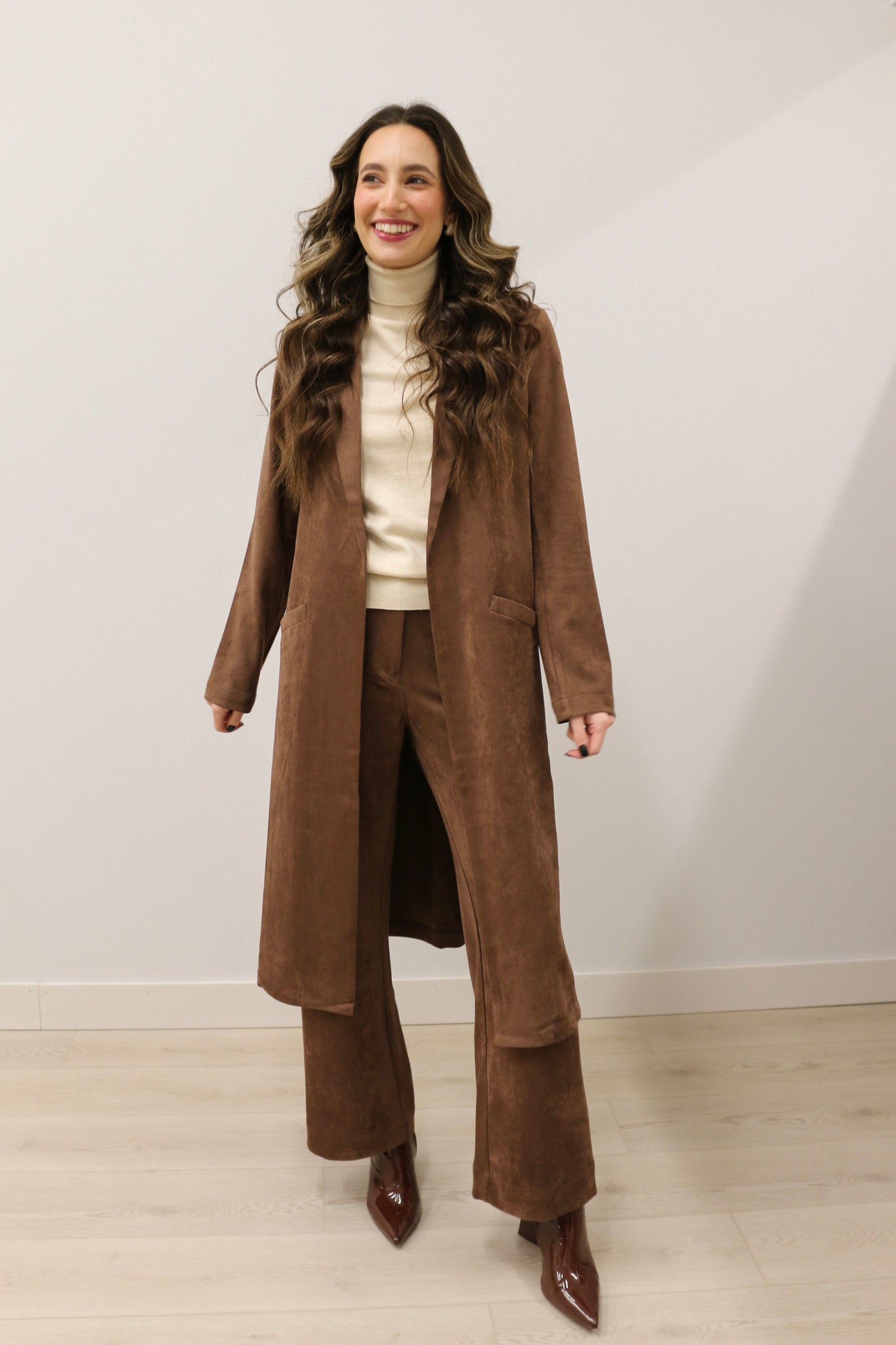 Lana Faux Suede Long Sleeve Duster Trench Overcoat - Chocolate Brown