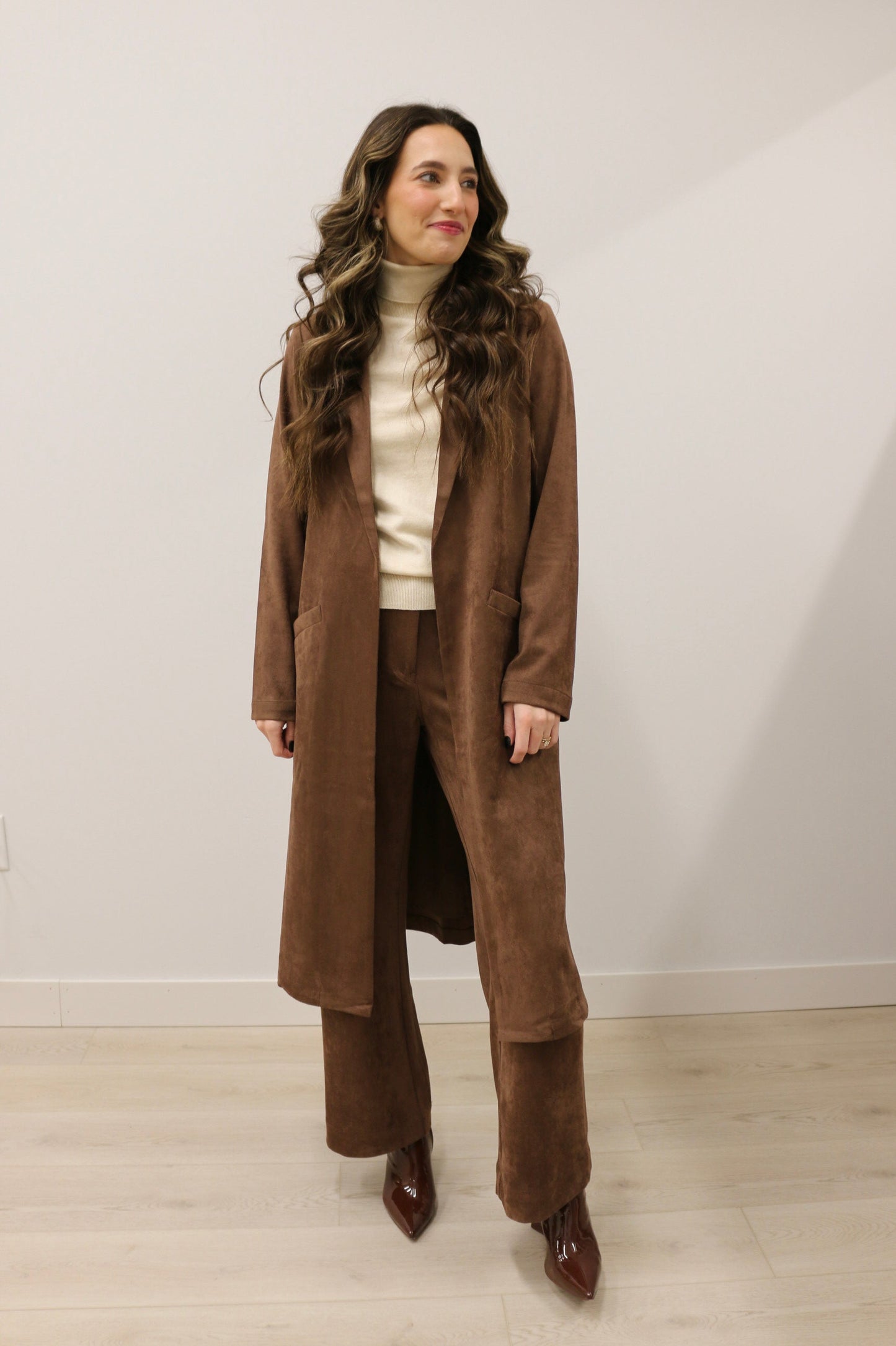 Lana Faux Suede Long Sleeve Duster Trench Overcoat - Chocolate Brown