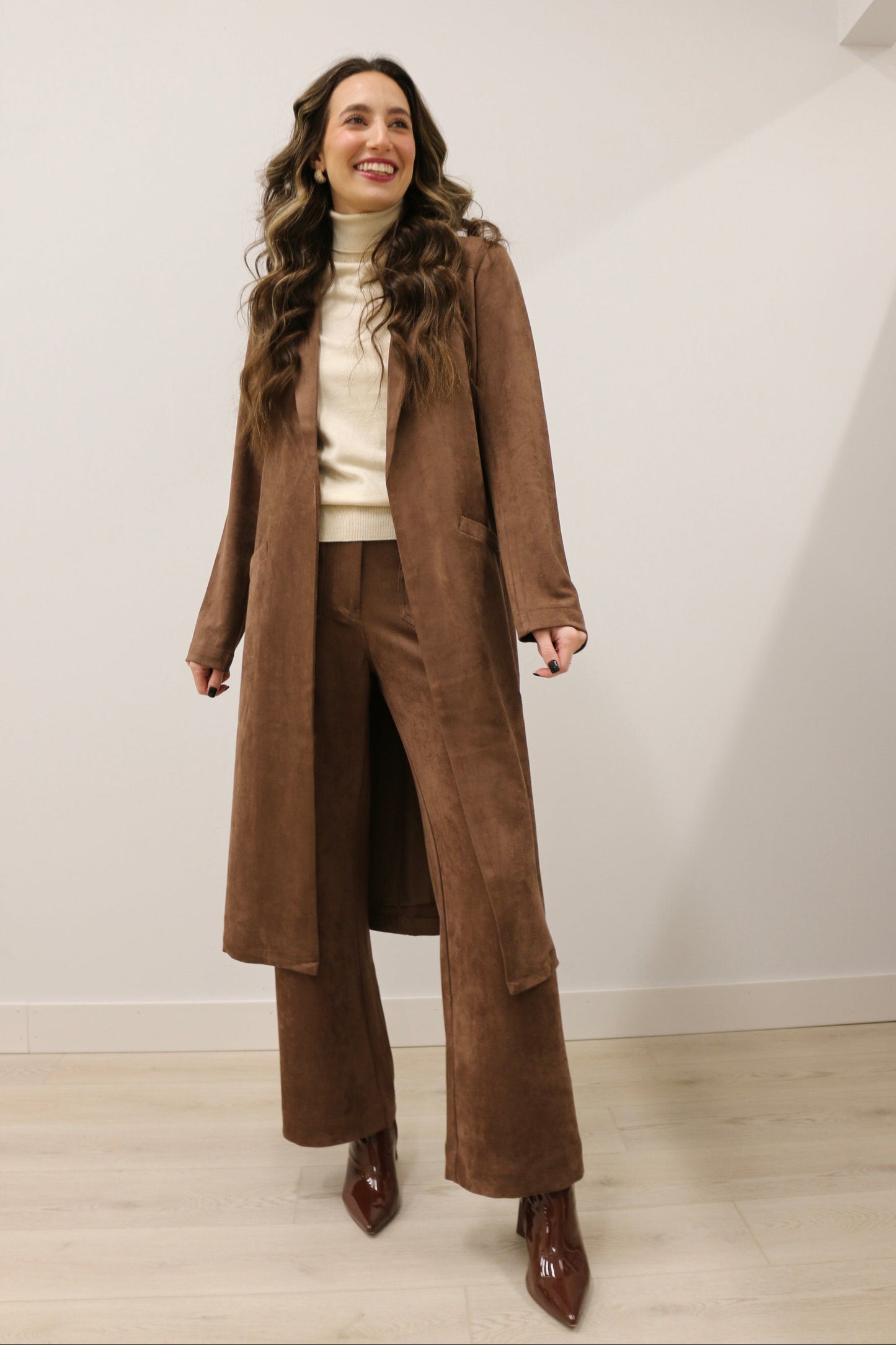 Lana Faux Suede Long Sleeve Duster Trench Overcoat - Chocolate Brown