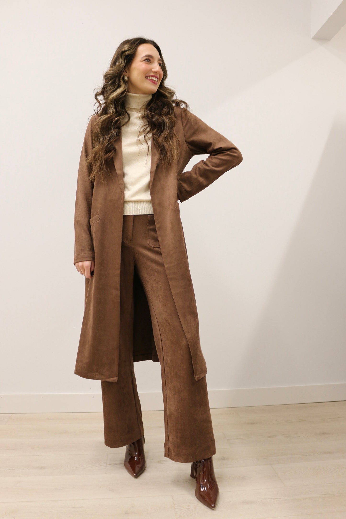 Lana Faux Suede Long Sleeve Duster Trench Overcoat - Chocolate Brown