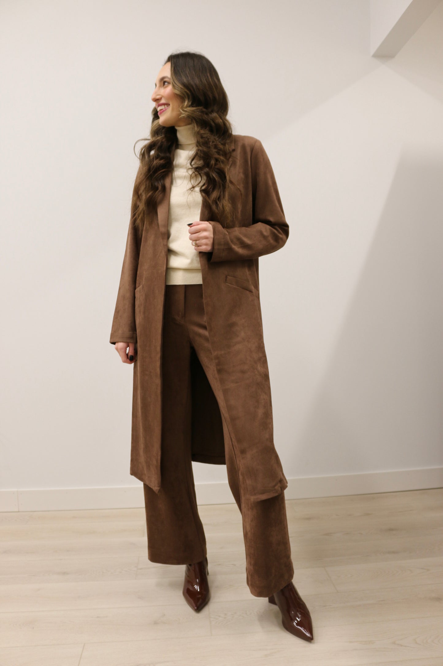 Lana Faux Suede Long Sleeve Duster Trench Overcoat - Chocolate Brown