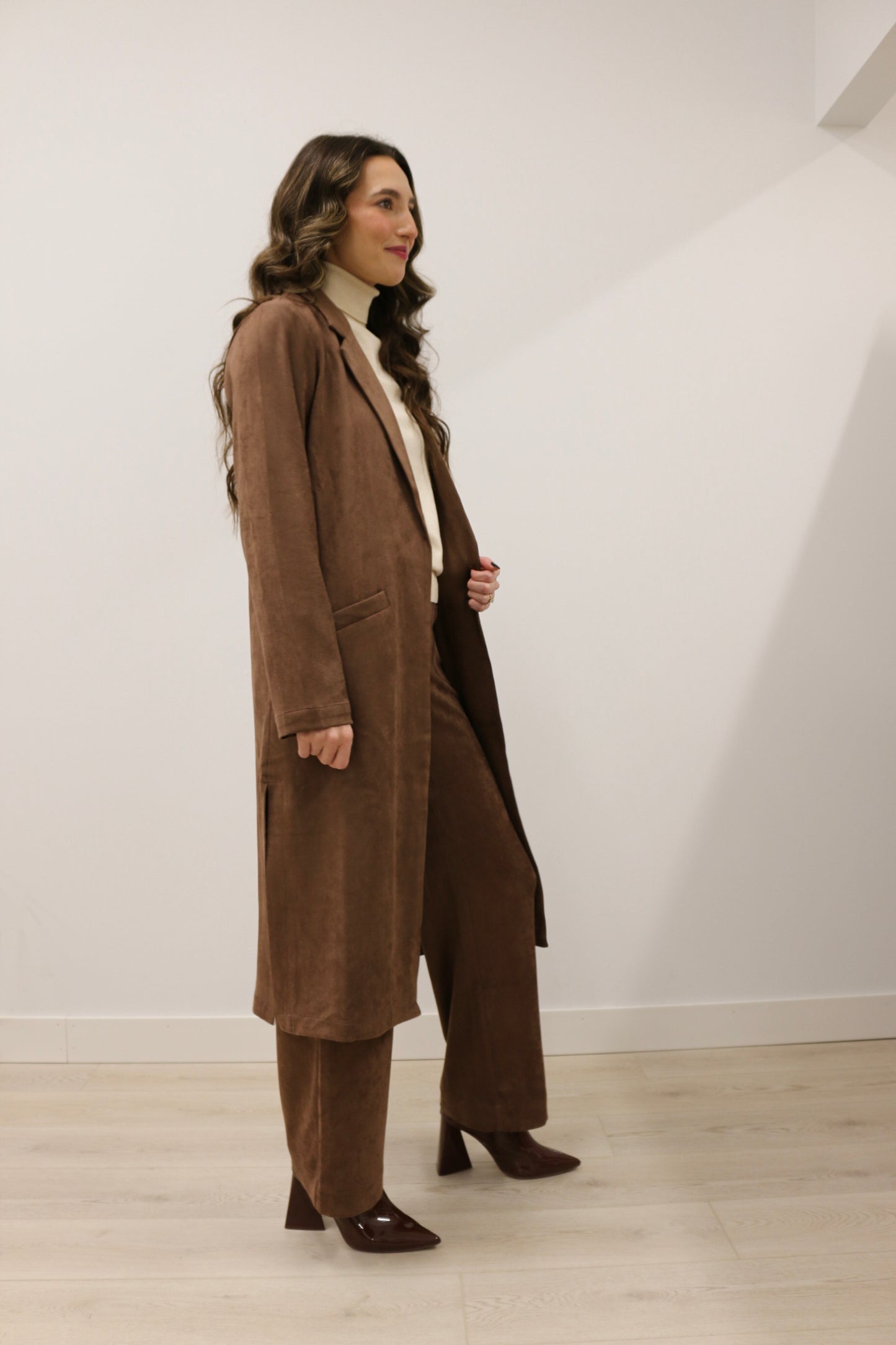Lana Faux Suede Long Sleeve Duster Trench Overcoat - Chocolate Brown