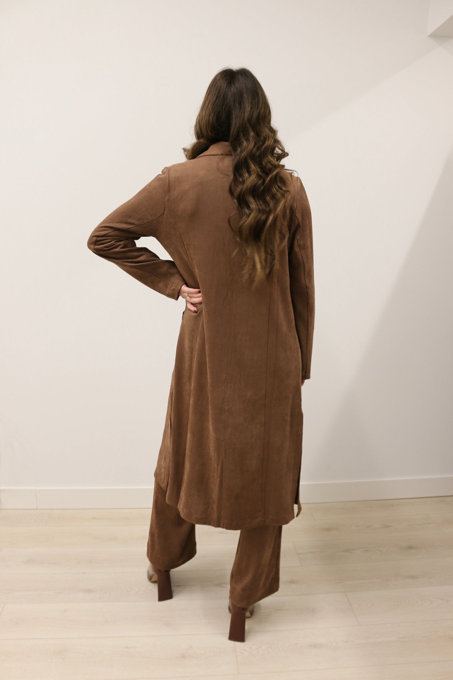Lana Faux Suede Long Sleeve Duster Trench Overcoat - Chocolate Brown