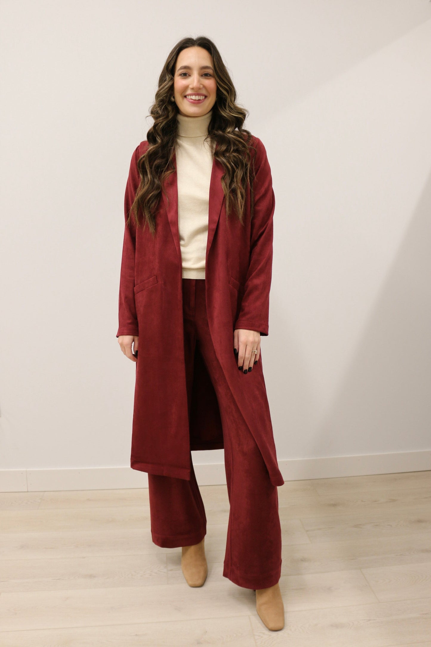 Lana Faux Suede Long Sleeve Duster Trench Overcoat - Burgundy