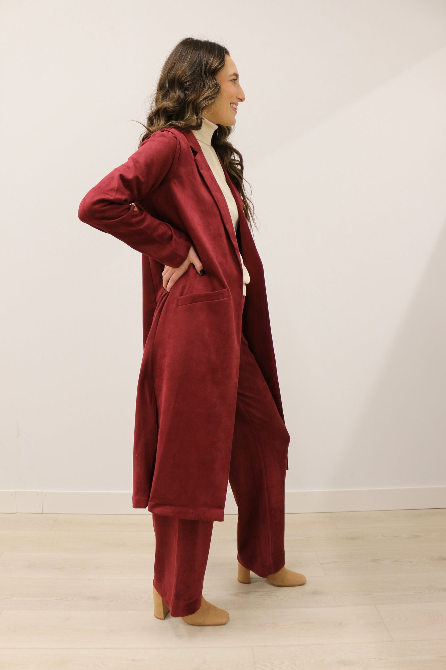 Lana Faux Suede Long Sleeve Duster Trench Overcoat - Burgundy