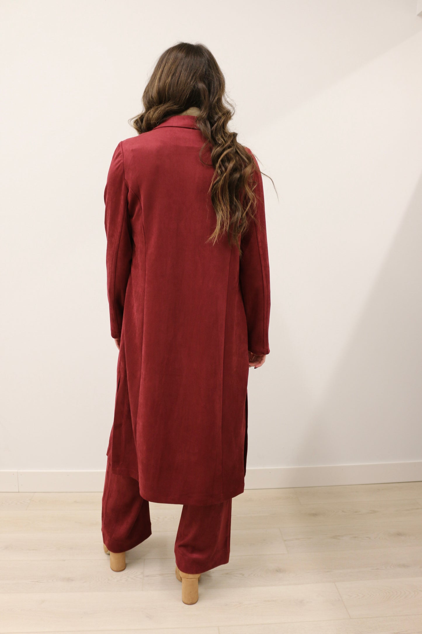 Lana Faux Suede Long Sleeve Duster Trench Overcoat - Burgundy