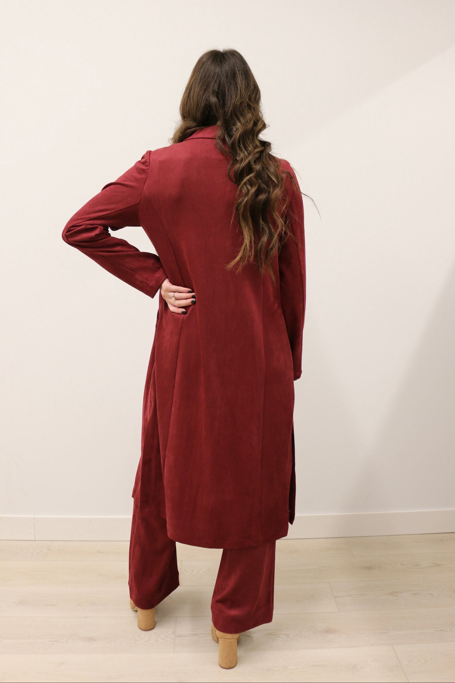 Lana Faux Suede Long Sleeve Duster Trench Overcoat - Burgundy