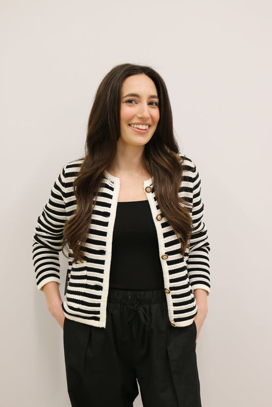 Classic Stripe Long Sleeve Button Front Cardigan - Black Multi