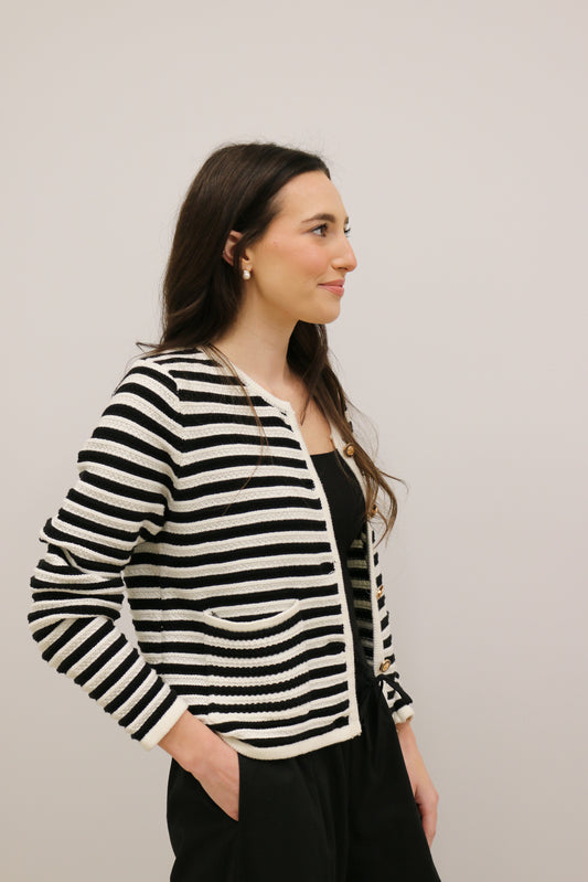 Classic Stripe Long Sleeve Button Front Cardigan - Black Multi