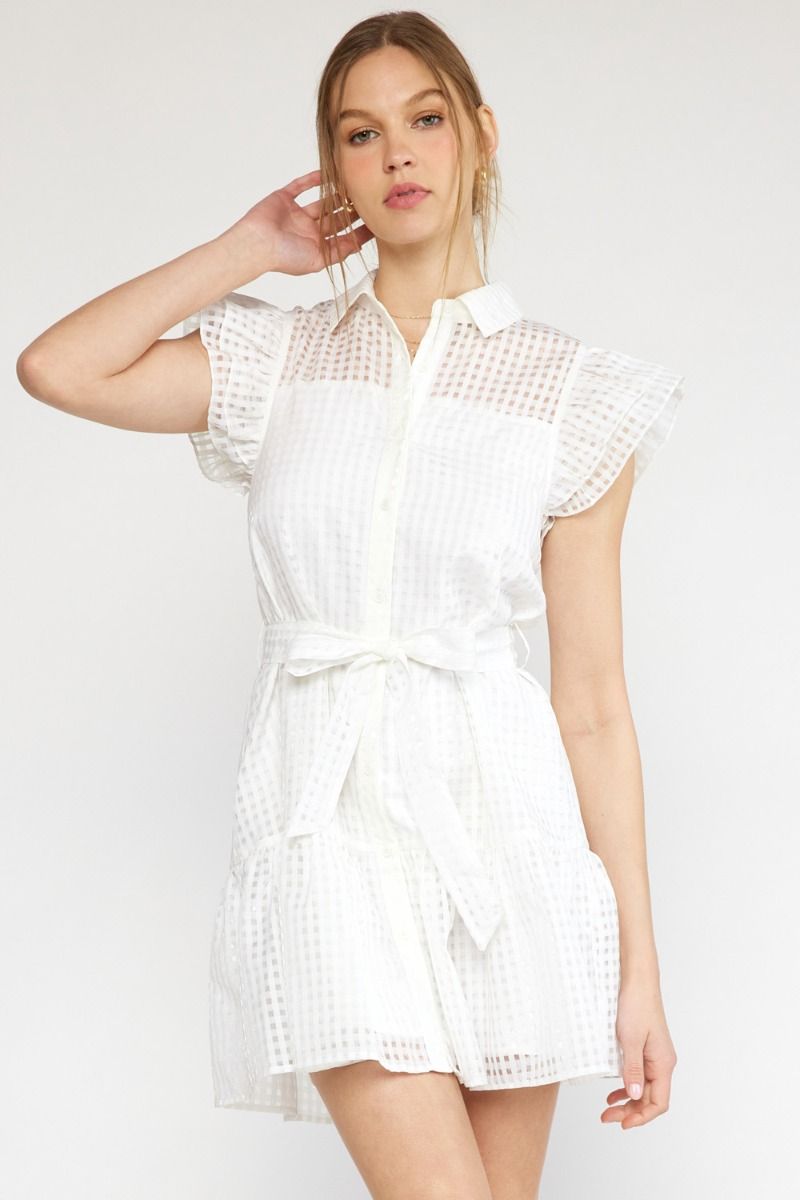 Maddox Shadow Grid Button Up Mini Dress - White