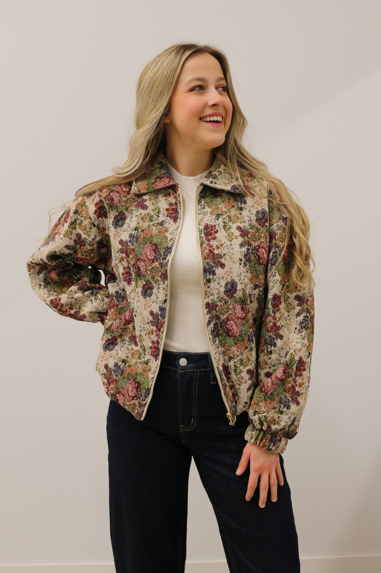 Marisol Vintage Rose Tapestry Zip-up Bomber Jacket - Multi