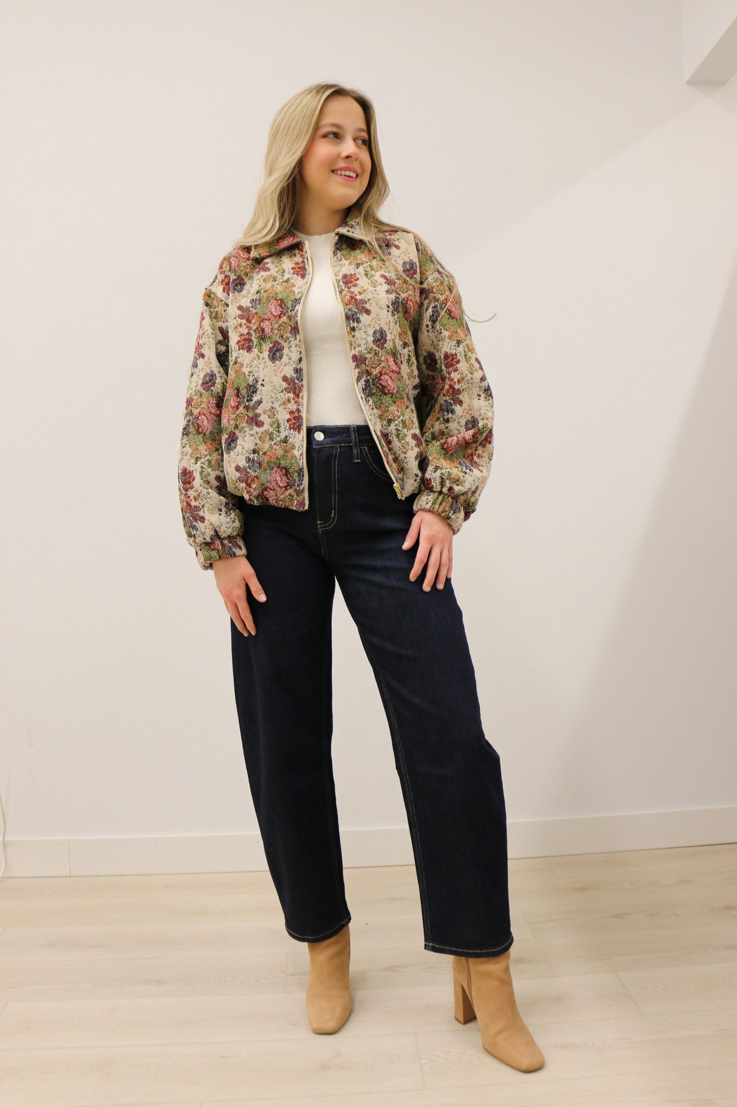 Marisol Vintage Rose Tapestry Zip-up Bomber Jacket - Multi