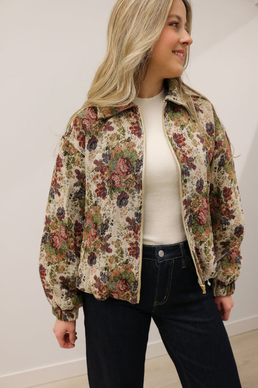 Marisol Vintage Rose Tapestry Zip-up Bomber Jacket - Multi