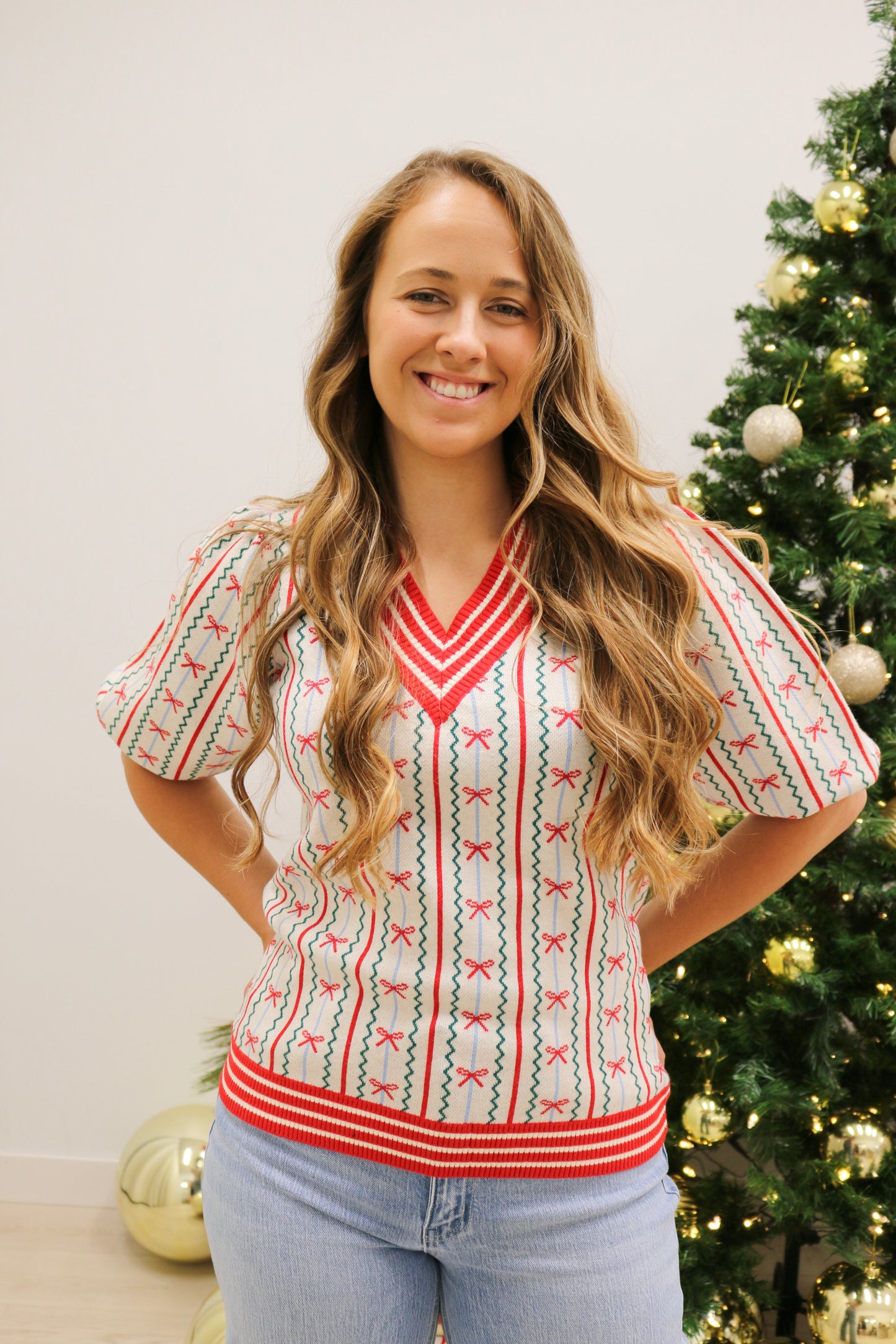 Faith in a Bow Holiday Sweater by Mary Square - Red Multi