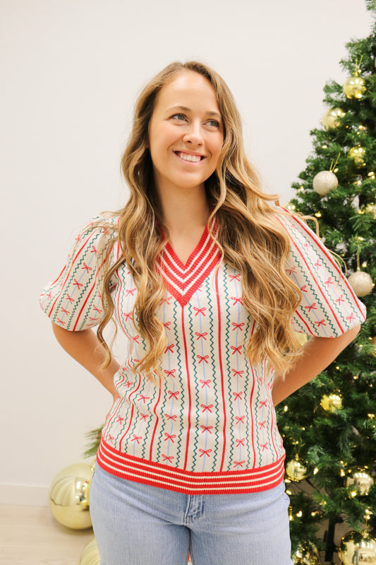Faith in a Bow Holiday Sweater by Mary Square - Red Multi