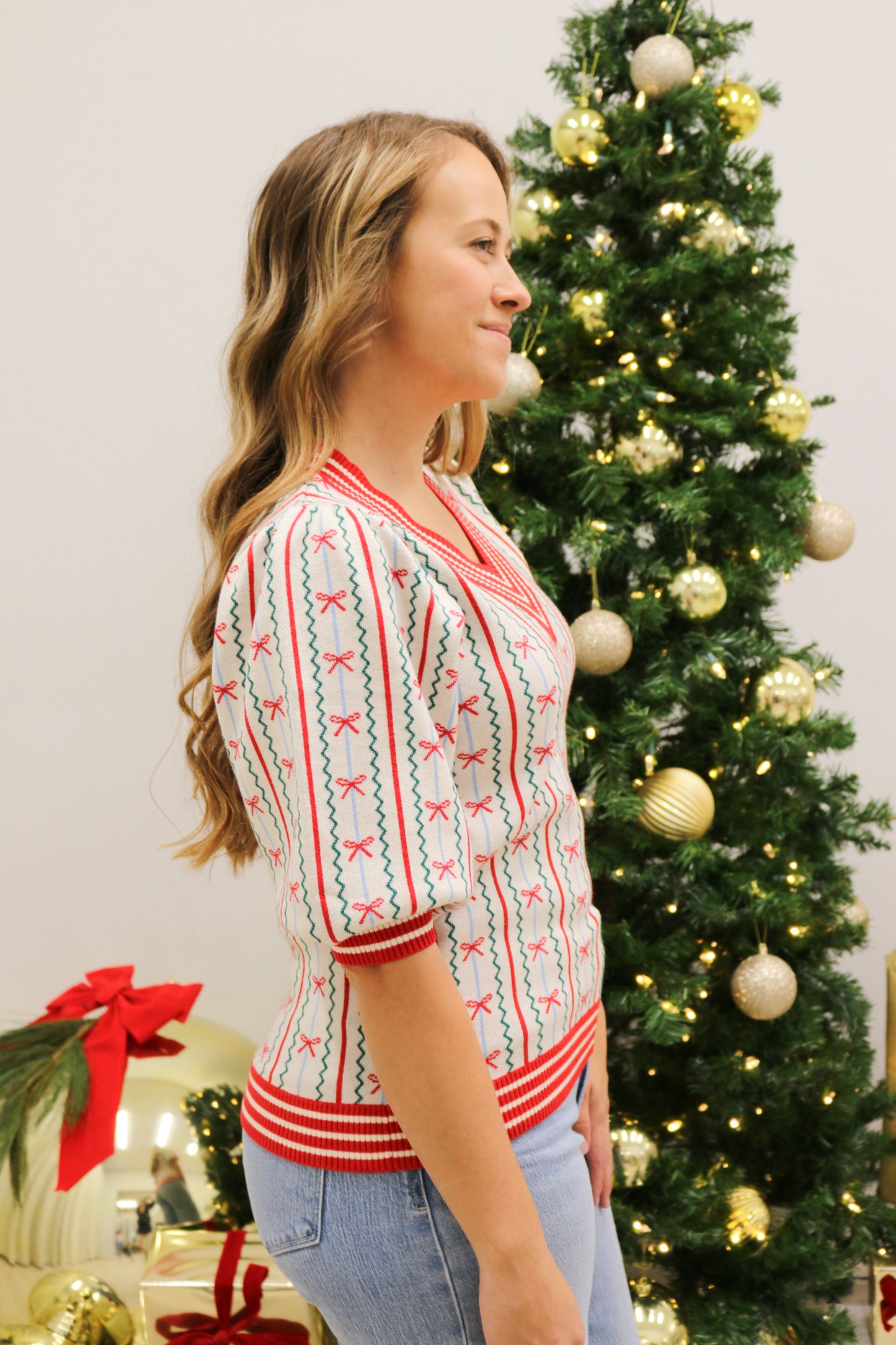 Faith in a Bow Holiday Sweater by Mary Square - Red Multi